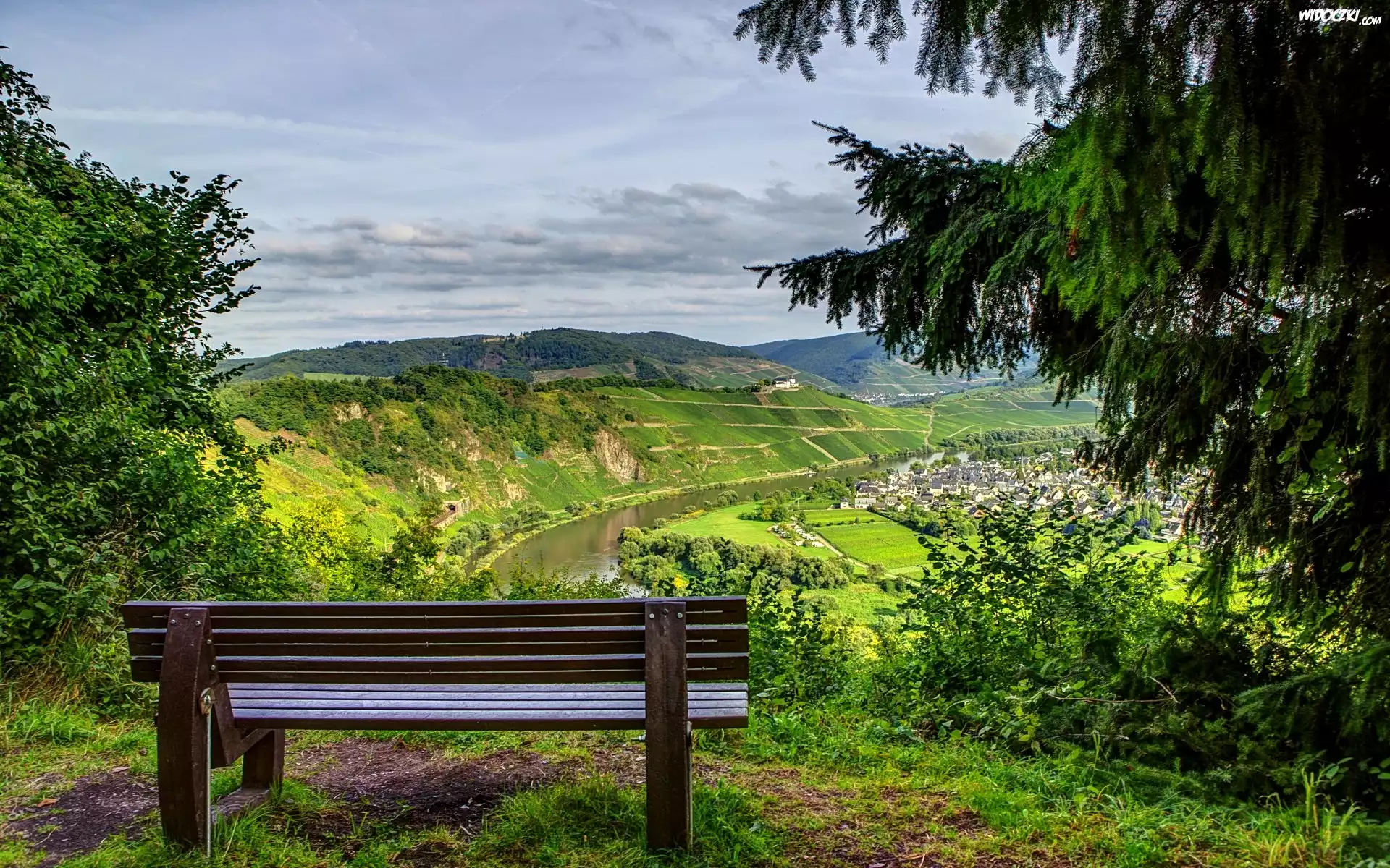 Góry, Rzeka, Ławka, Krajobraz