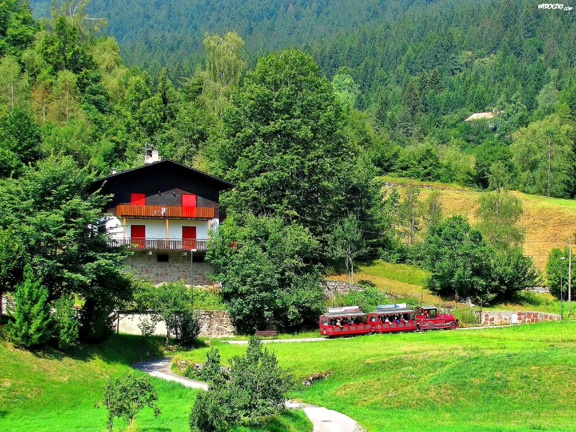 Góry, Dolomity, Las, Dom, Ciuchcia, Andalo