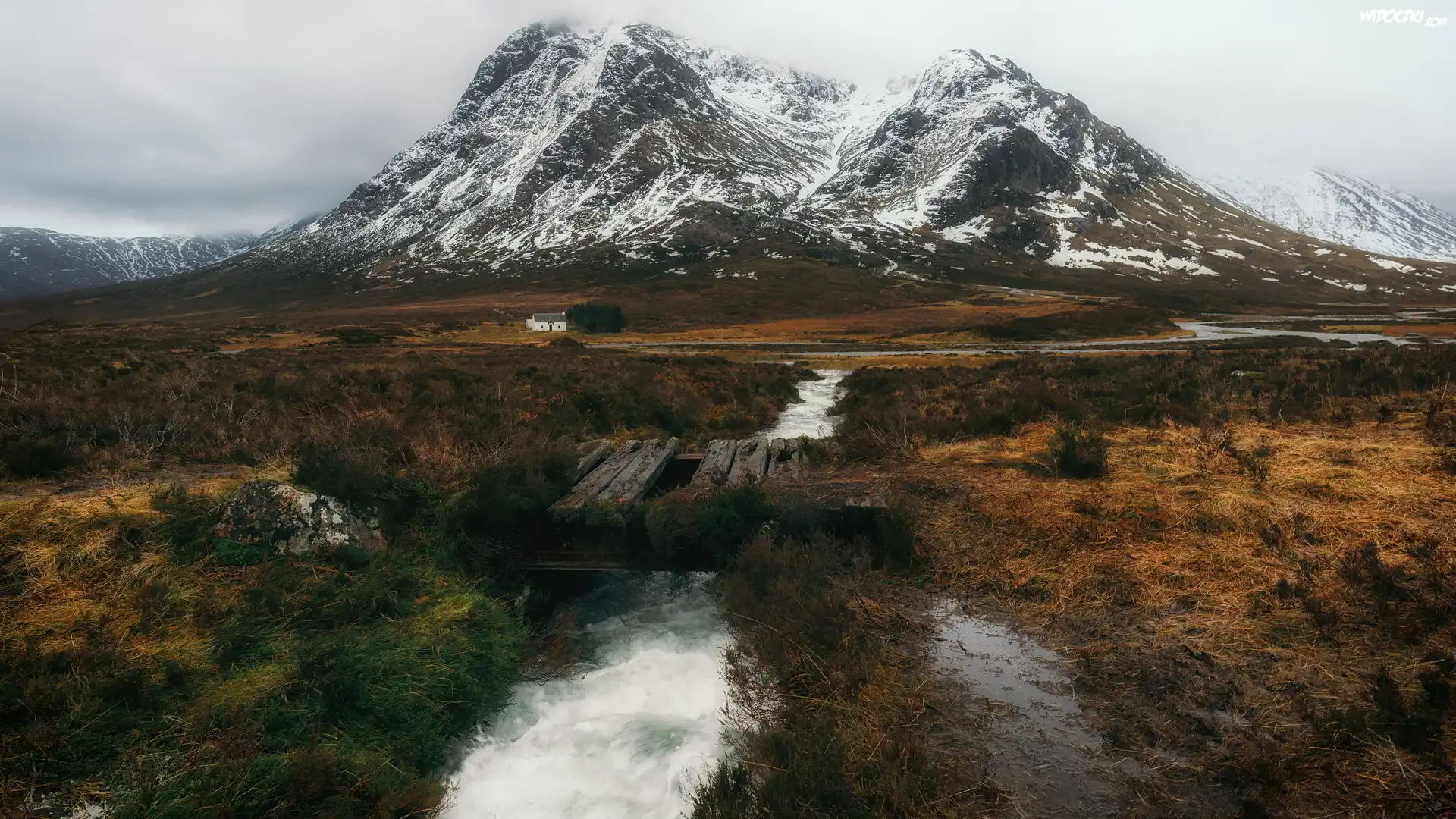 Góry, Ośnieżone, Szczyty, Góra, Buachaille Etive Mor, Strumień, Rzeczka, Drewniana, Kładka, Mostek, Jesienna, Trawa, Glen Coe, Szkocja