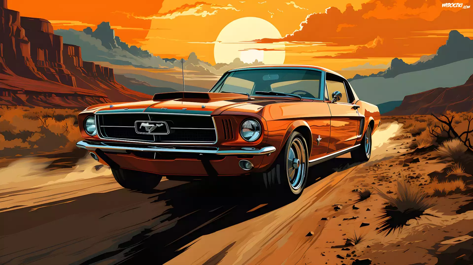 Ford Mustang, Droga, Góry, Zachód słońca, Grafika