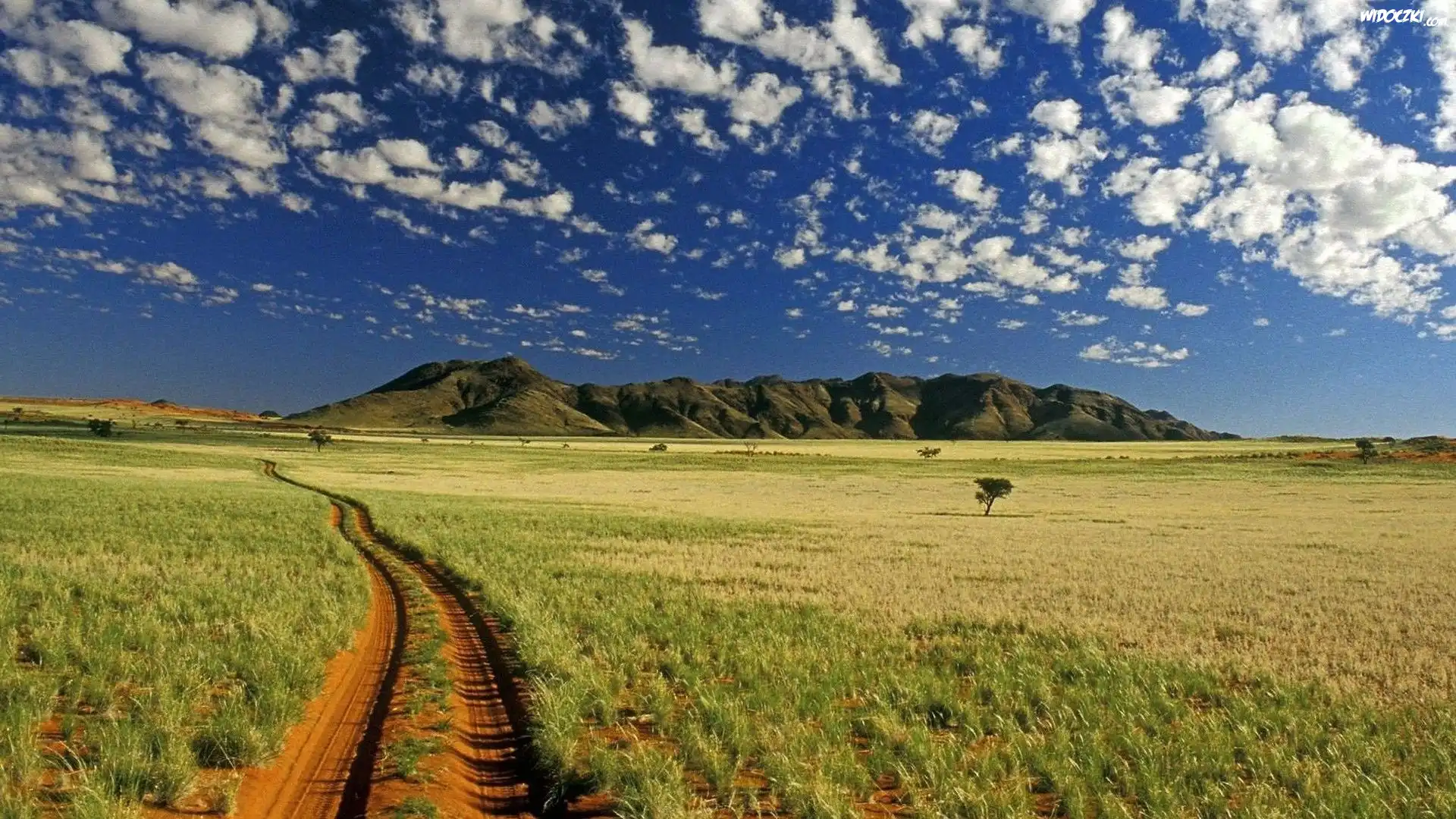 Góry, Chmurki, Trawa, Droga, Namibia