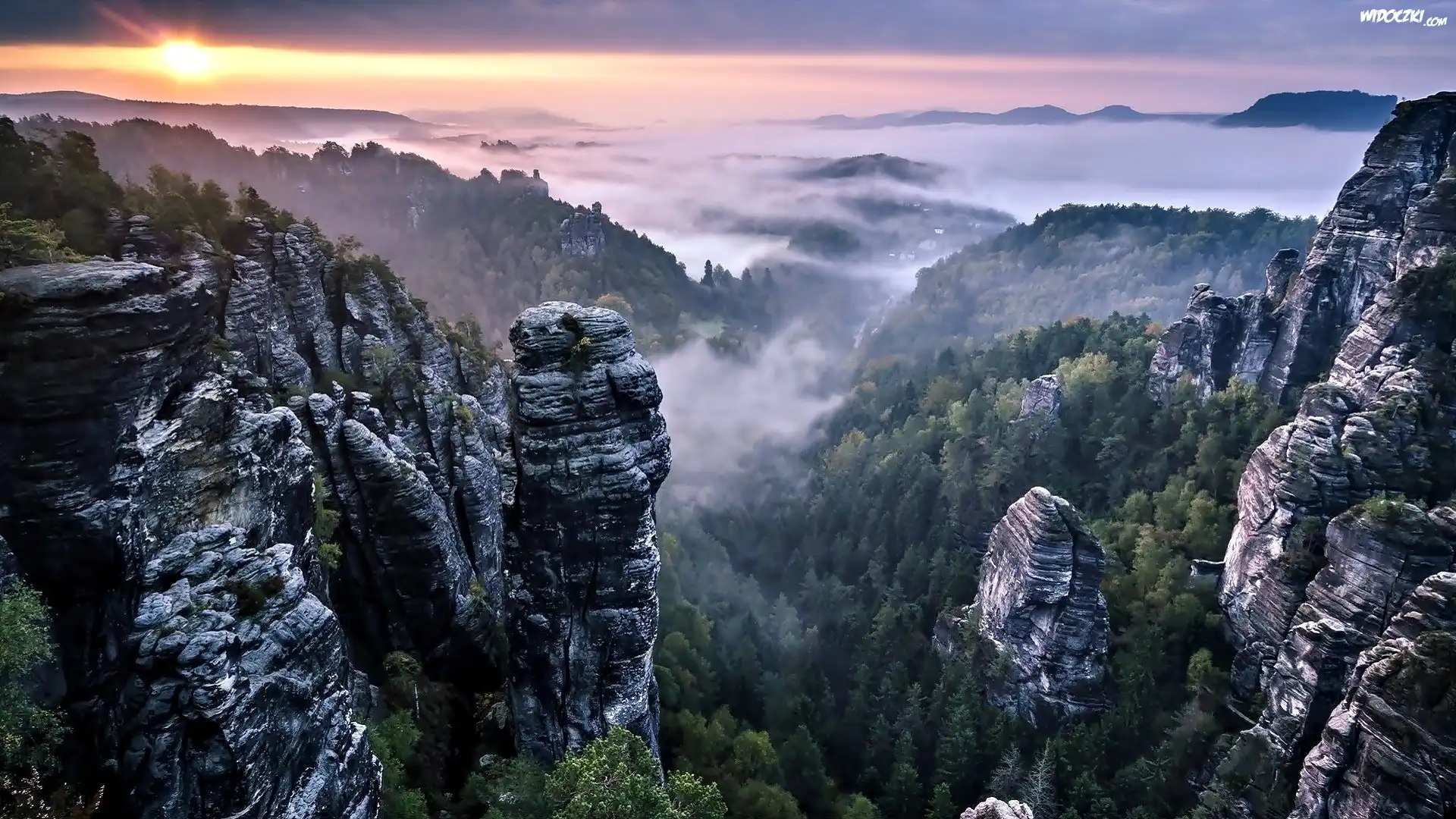 Góry, Alpy, Zachód Słońca, Drzewa, Mgła