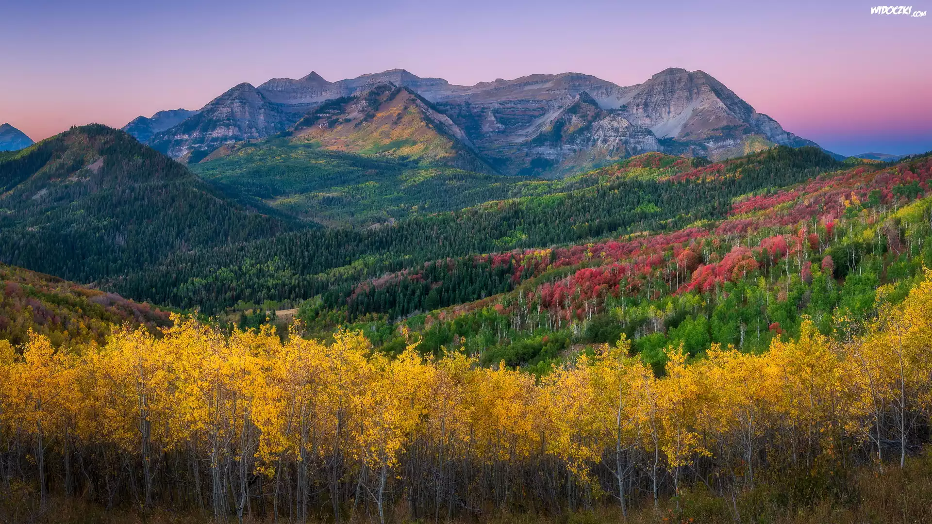 Góry, Wasatch Range, Góra, Mount Timpanogos, Lasy, Drzewa, Jesień, Stan Utah, Stany Zjednoczone