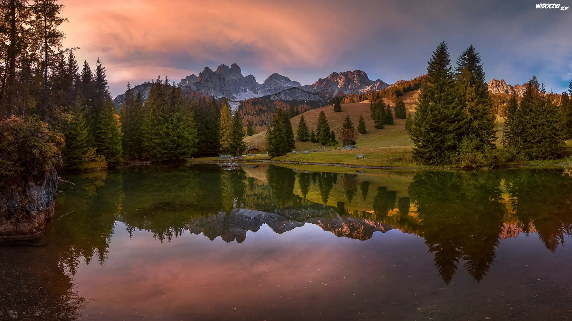 Austria, Filzmoos, Góry Alpy, Góry, Totes Gebirge, Jezioro Almsee, Drzewa, Odbicie