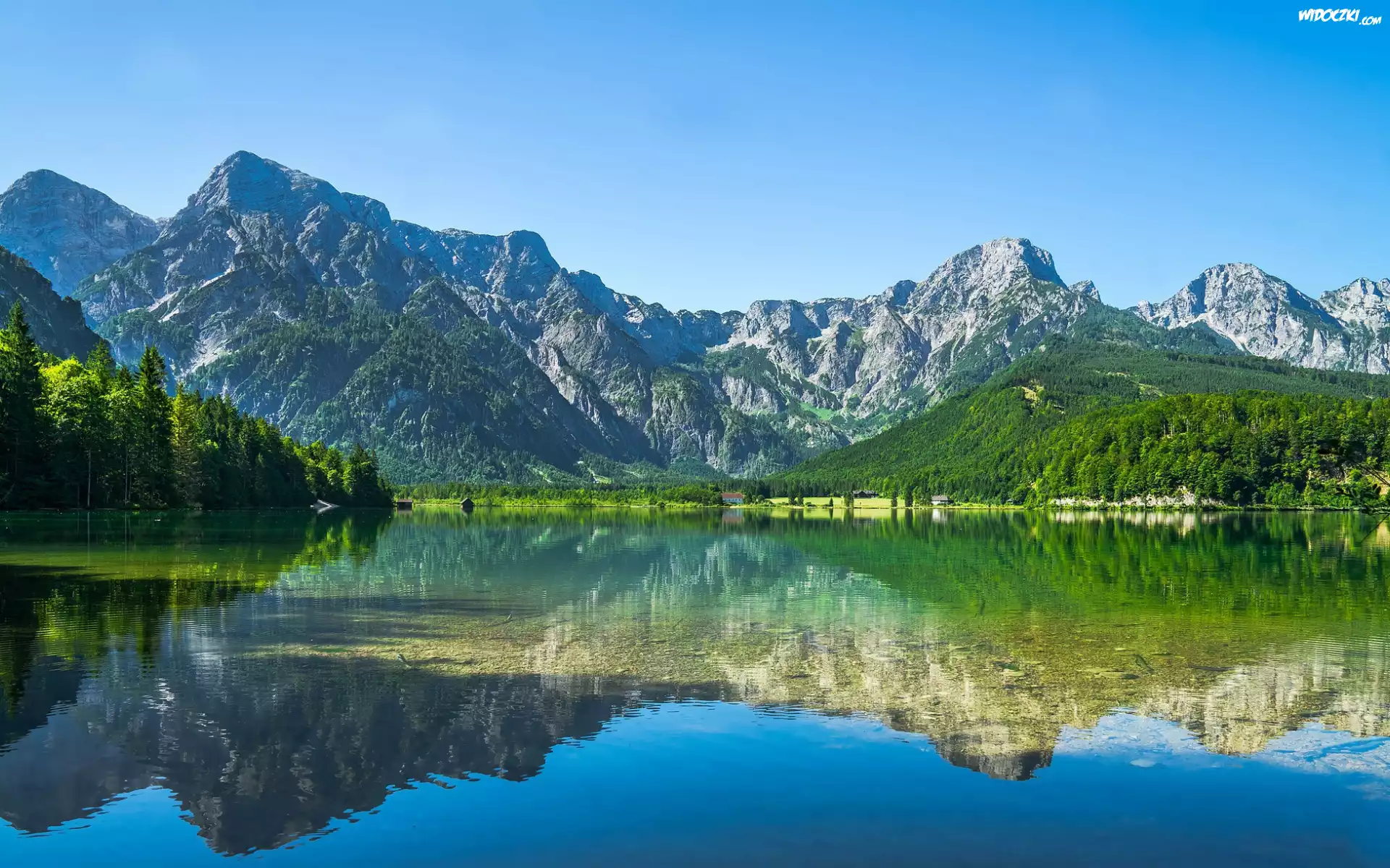 Góry, Lasy, Drzewa, Niebo, Jezioro, Odbicie