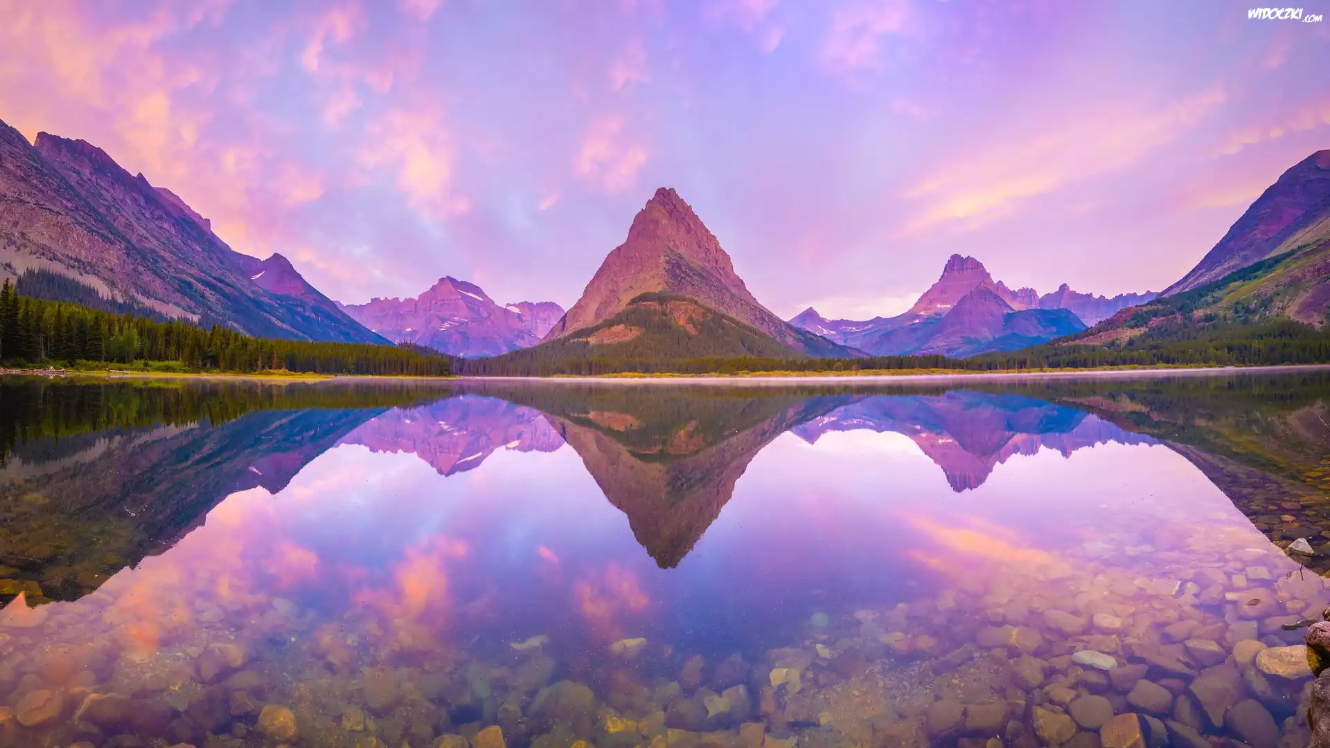 Stany Zjednoczone, Montana, Park Narodowy Glacier, Góry, Jezioro, Swiftcurrent Lake, Odbicie