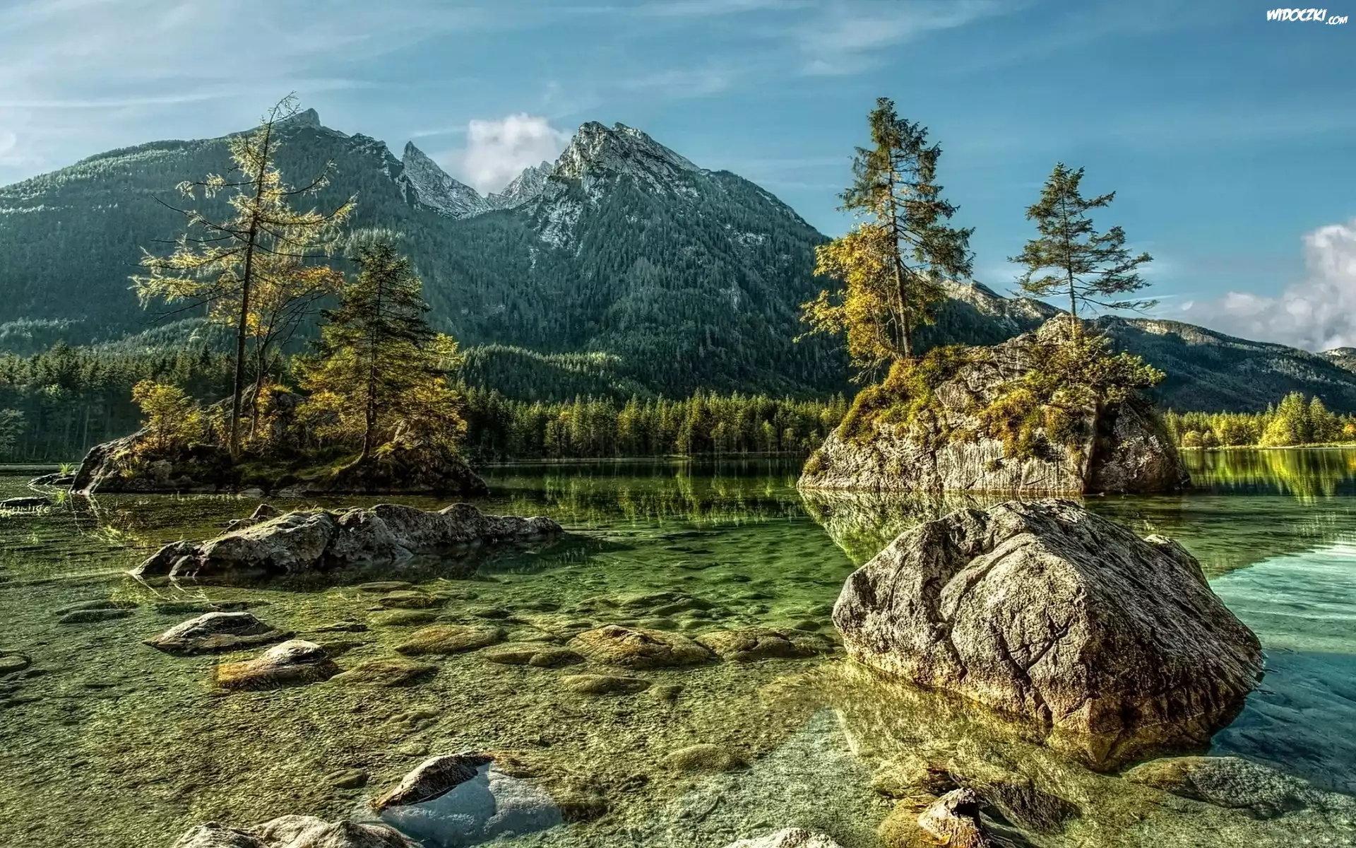 Góry, Drzewa, Kamienie, Woda