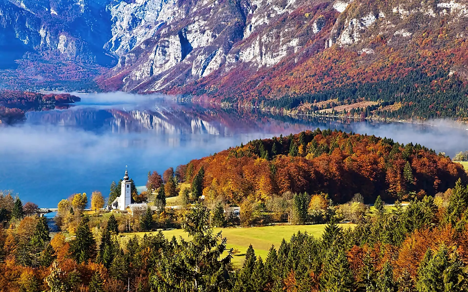 Góry, Jezioro, Bohinj, Las, Kościół, Jesień