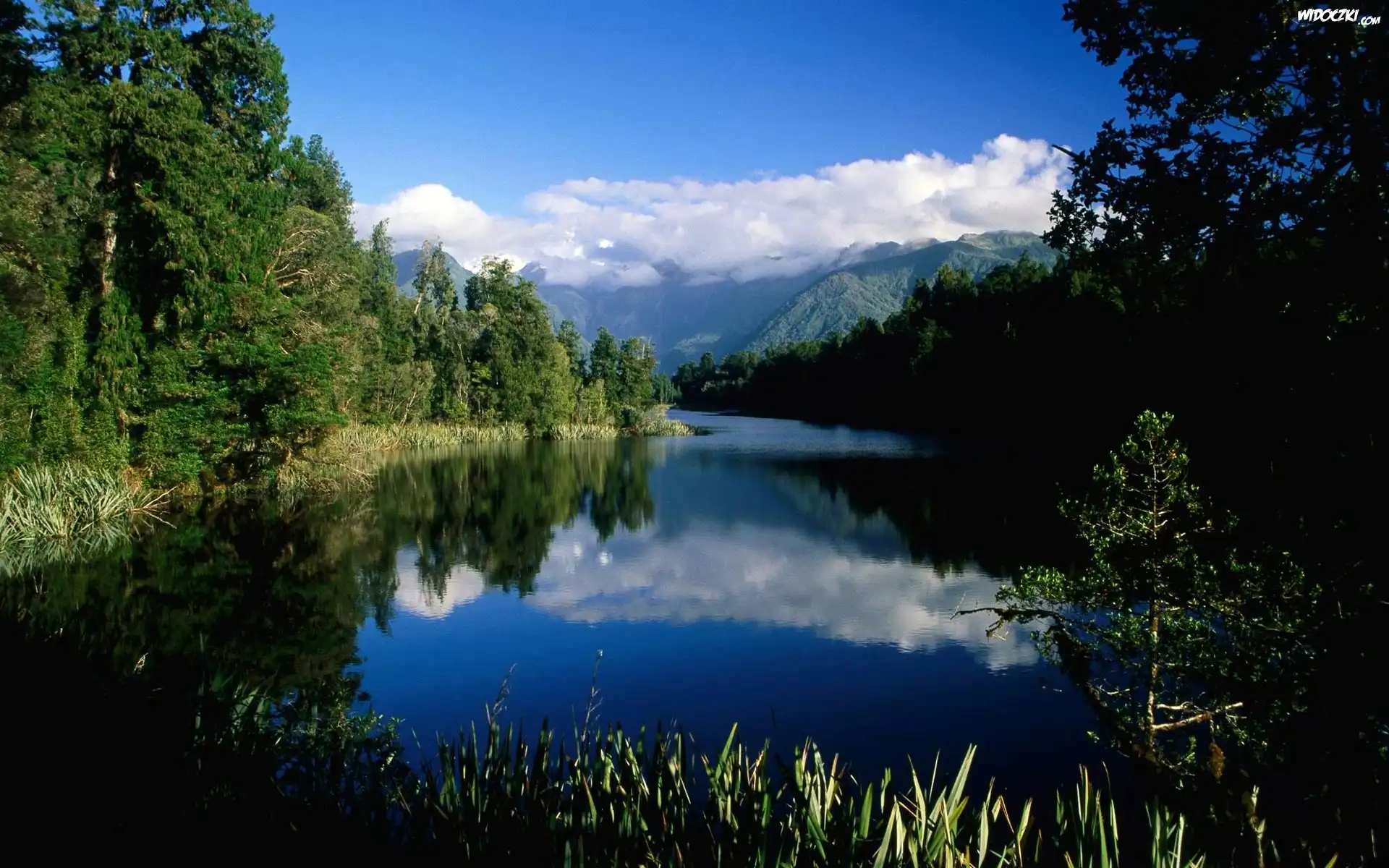Góry, Jezioro, Las, Obłoki