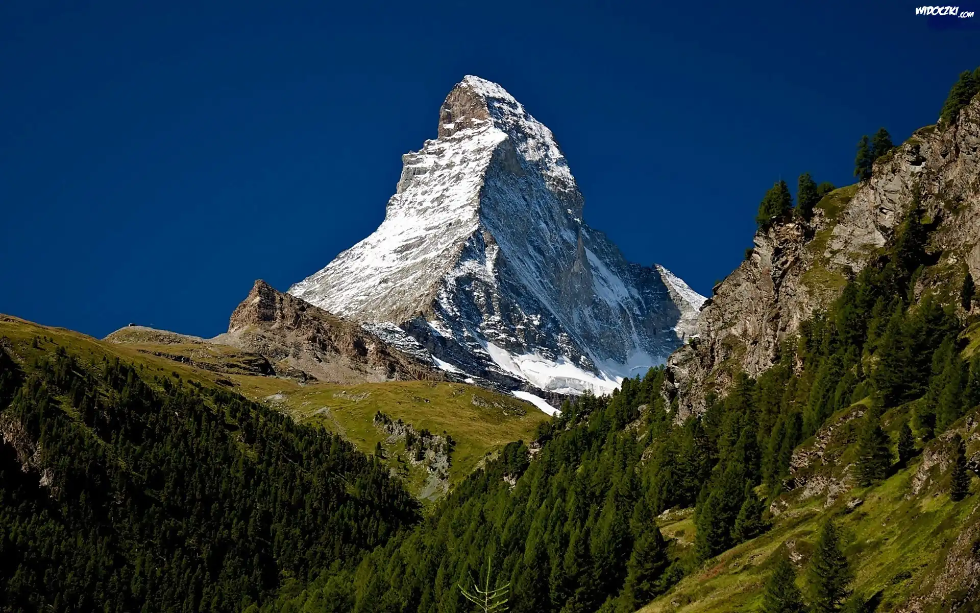 Góry, Alpy, Szczyt, Matternhorn, Lasy, Łąki