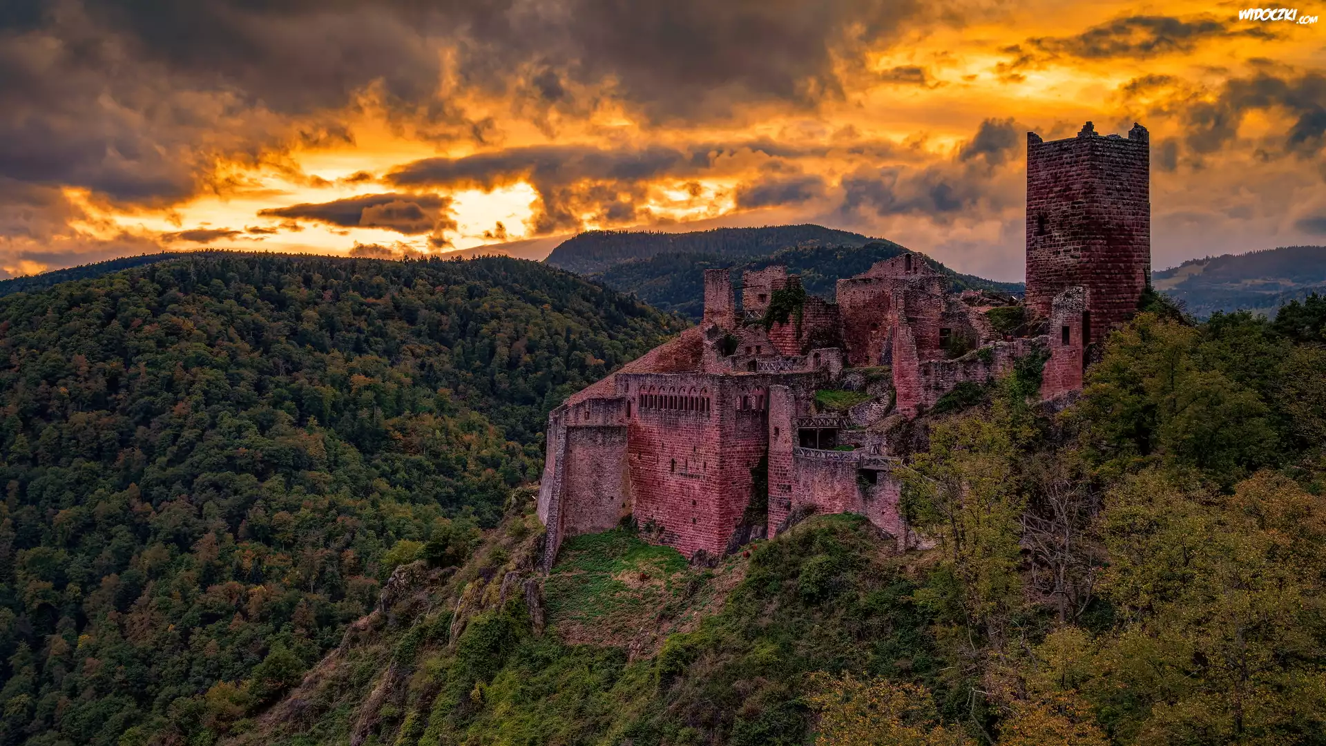 Ruiny, Zamek, Castle Saint-Ulrich, Góry, Lasy, Zachód słońca, Chmury, Ribeauville, Francja