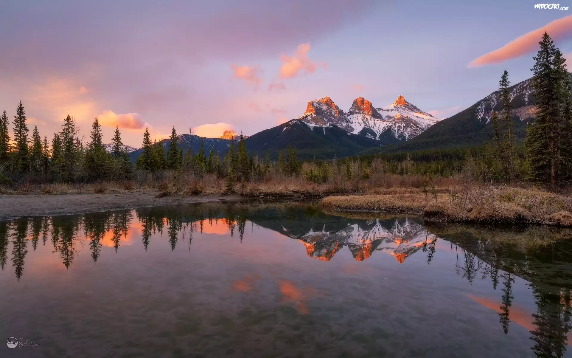 Kanada, Alberta, Canmore, Góry, Canadian Rockies, Góra, Three Sisters, Rzeka, Bow River, Drzewa