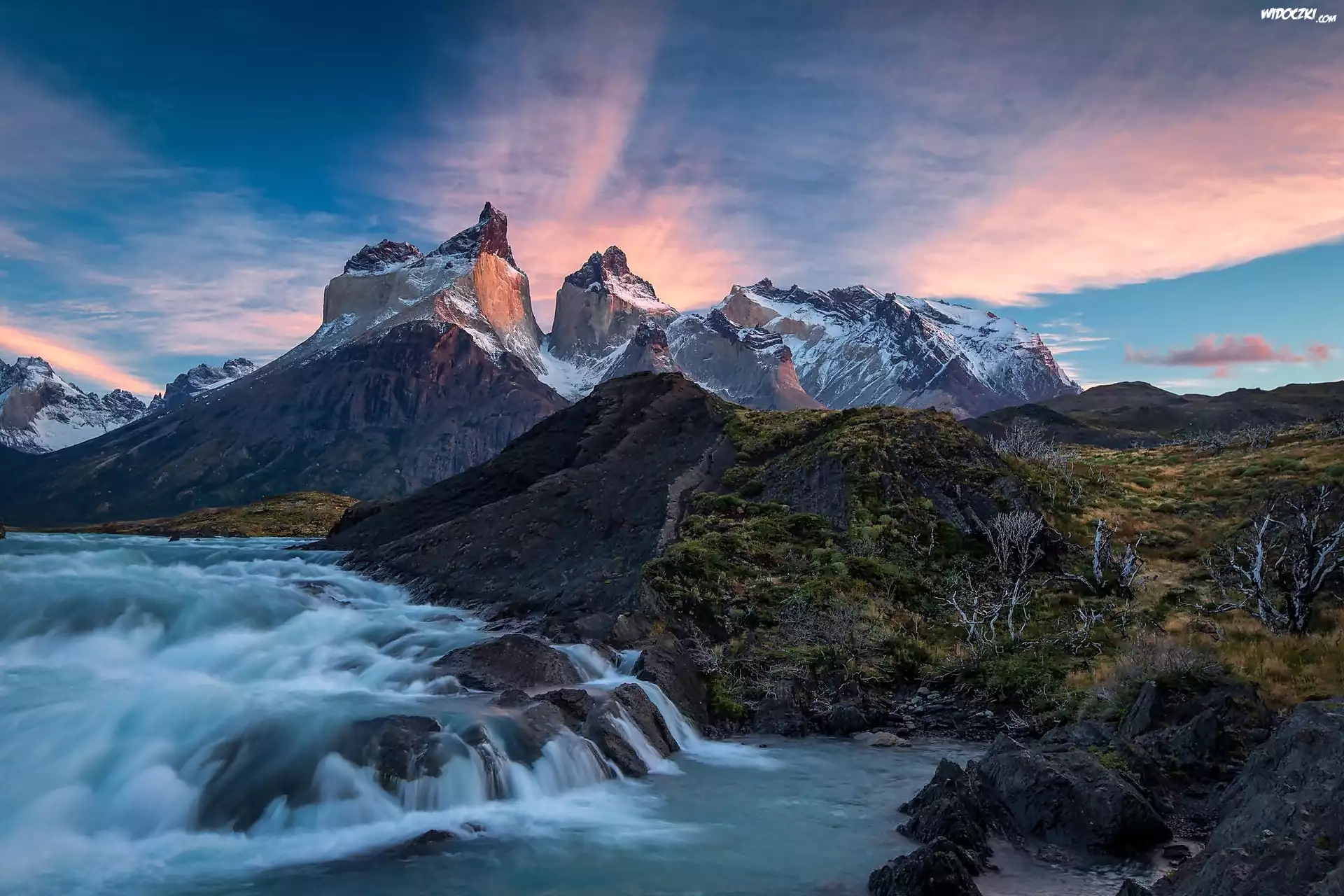 Chile, Góry Torres del Paine, Zachód, Słońca, Rzeka