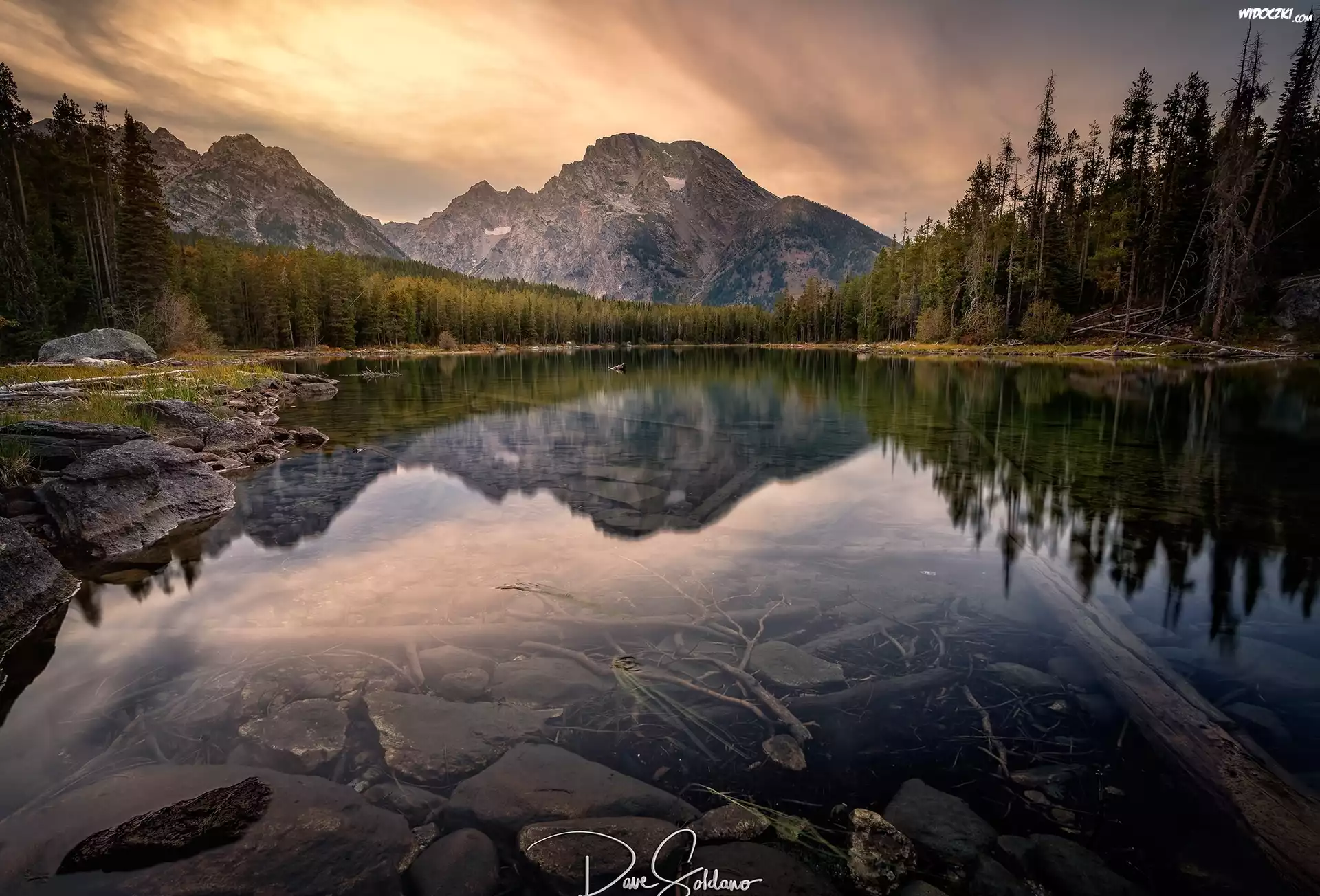Góry, Szczyt Mount Moran, Las, Jezioro String Lake, Park Narodowy Grand Teton, Stan Wyoming, Stany Zjednoczone