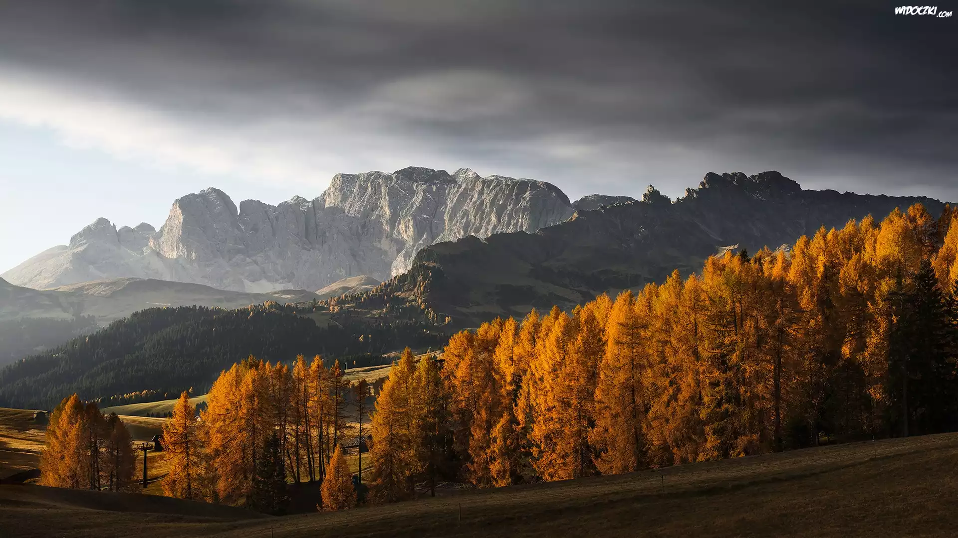 Włochy, Góry, Dolomity, Las, Drzewa, Jesień, Chmury