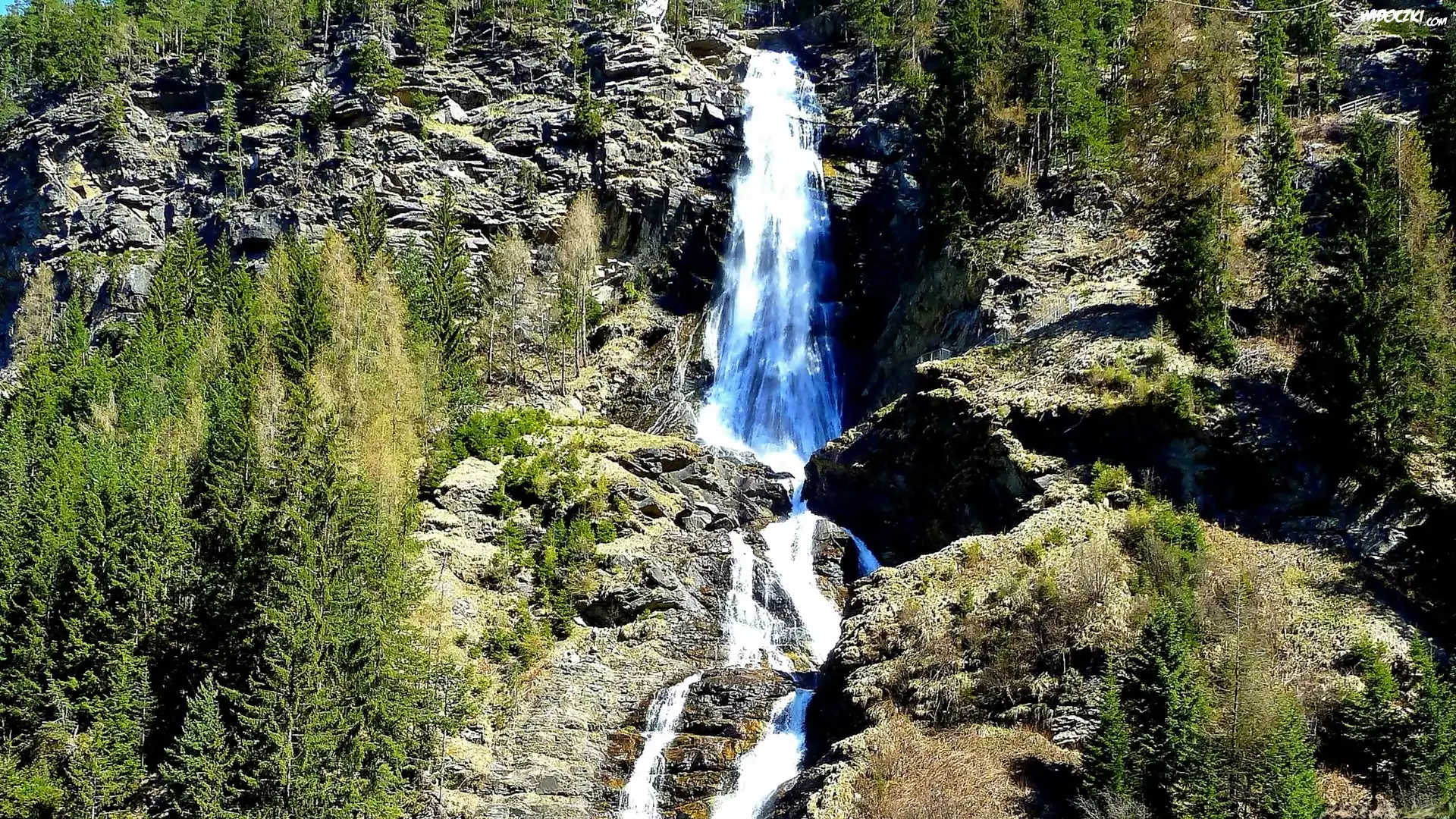 Góry, Alpy, Skały, Las, Wodospad, Tyrol