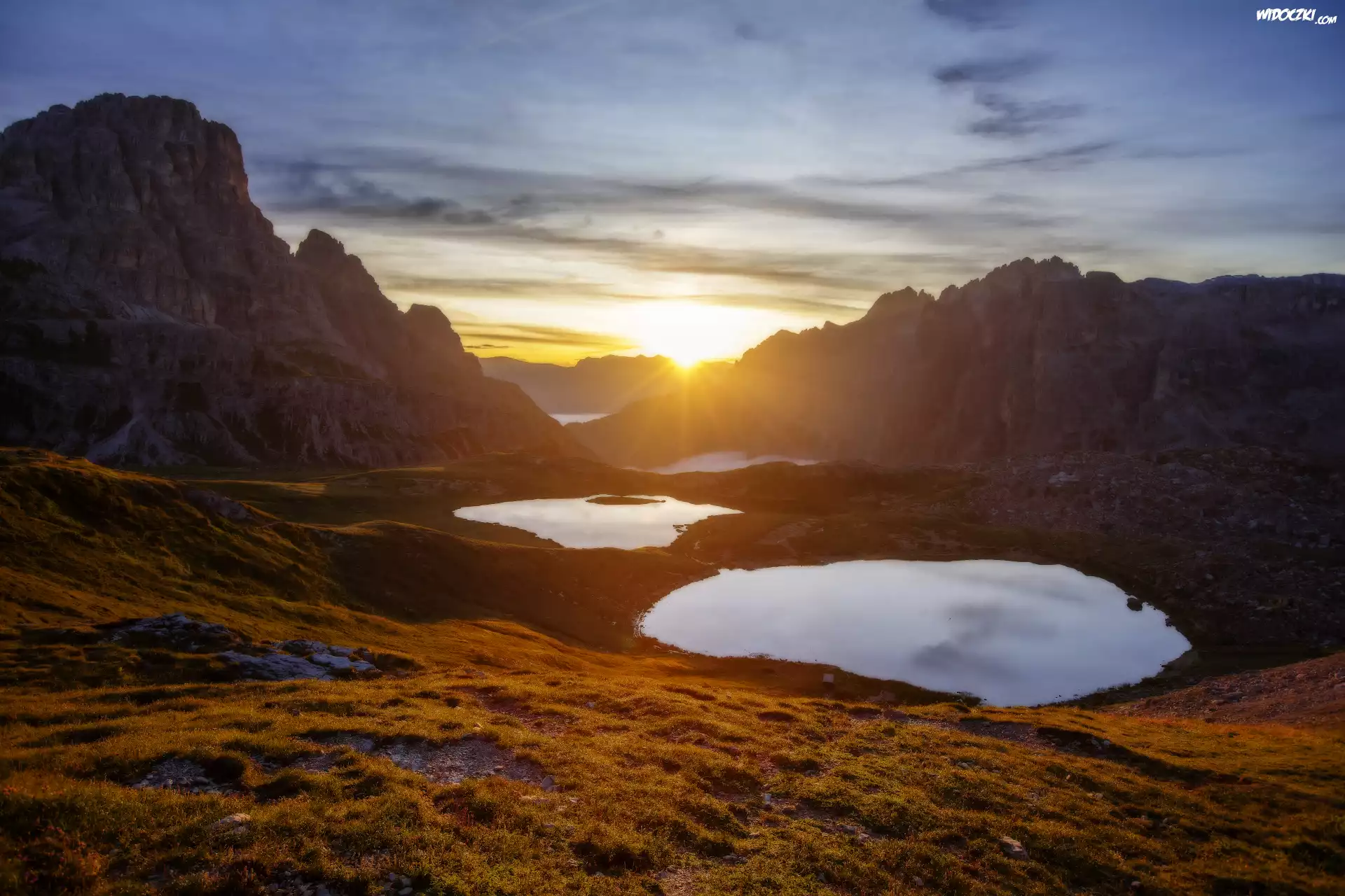 Góry, Dolomity, Włochy, Jeziora, Zachód słońca