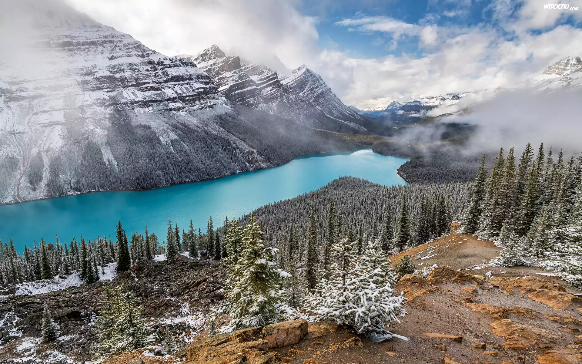 Zima, Park Narodowy Banff, Góry, Jezioro, Peyto Lake, Chmury, Drzewa, Śnieg, Prowincja Alberta, Kanada