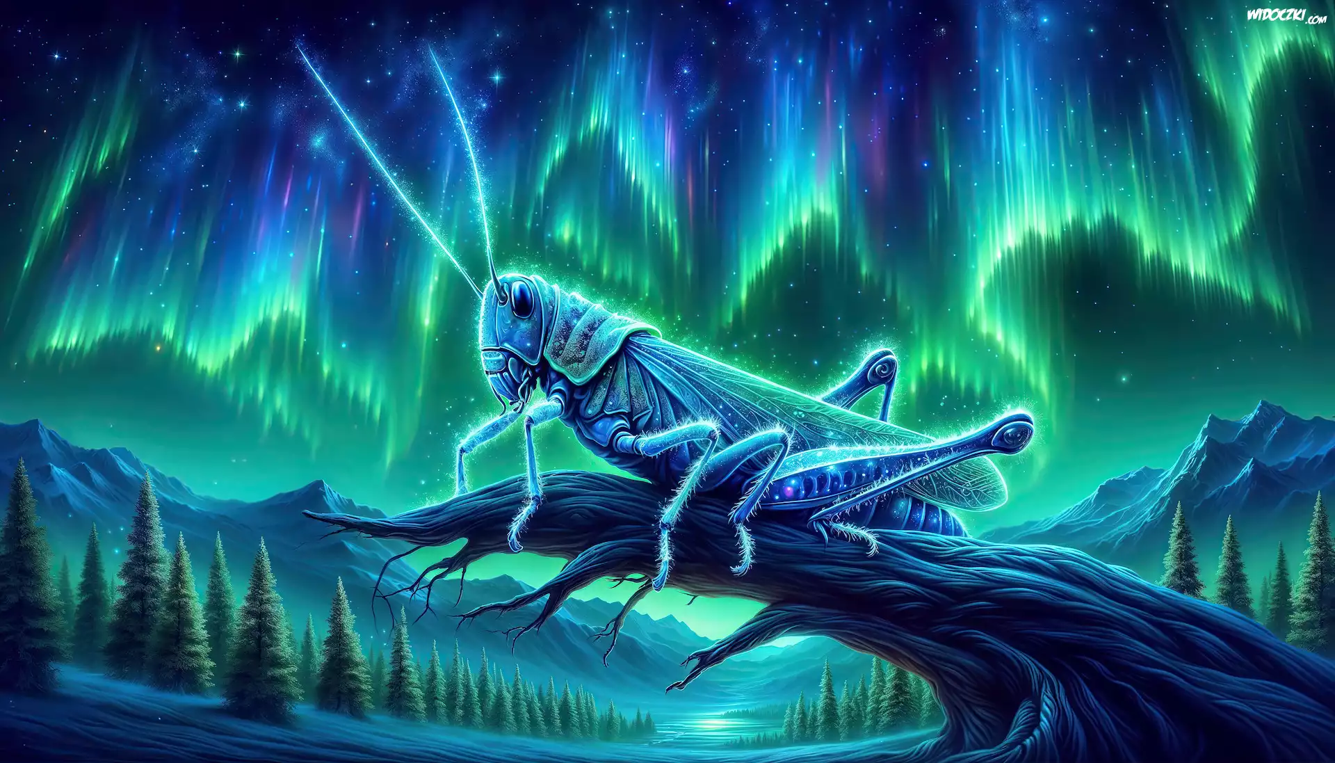 Grafika AI, Konik polny, Zorza polarna, Góry, Drzewa, Konar