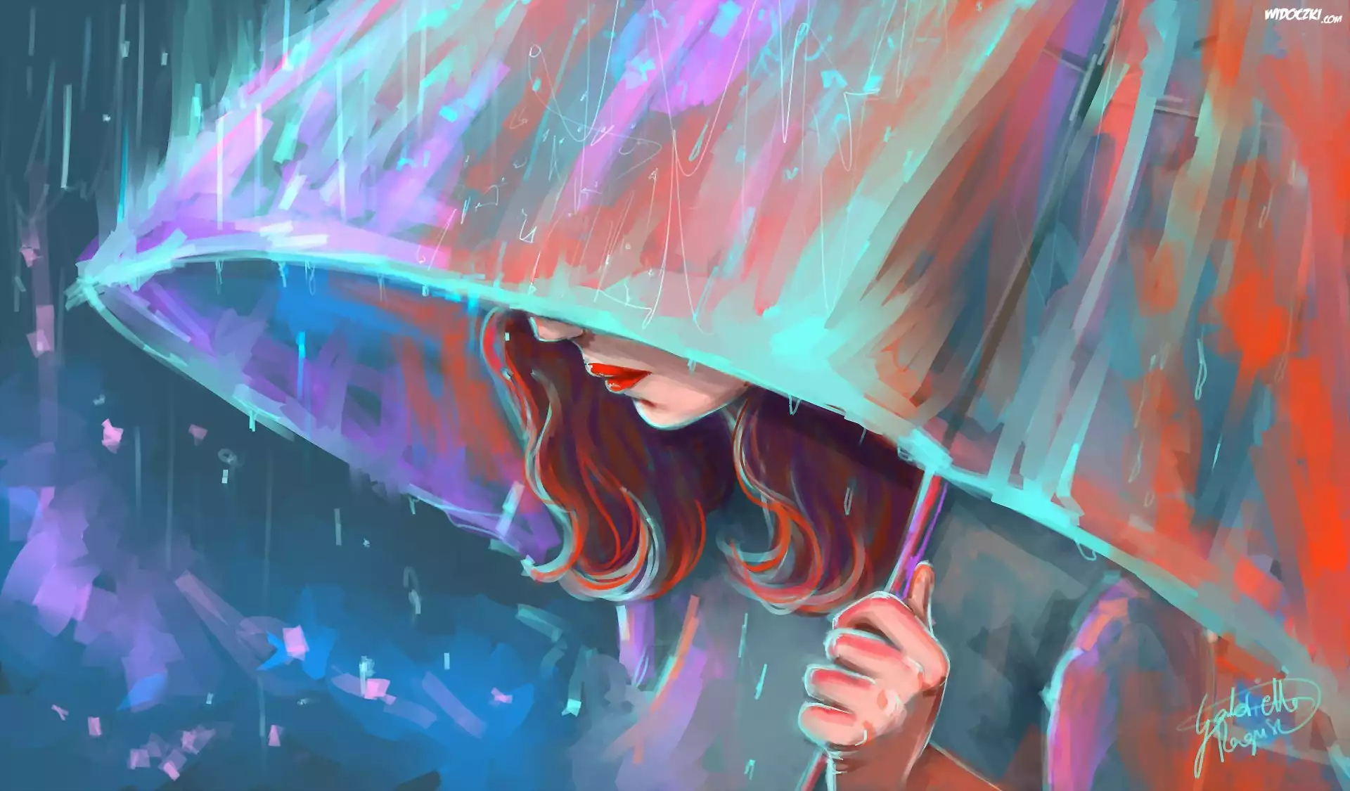 Grafika 2D, Rudowłosa, Dziewczyna, Parasol, Parasolka, Deszcz