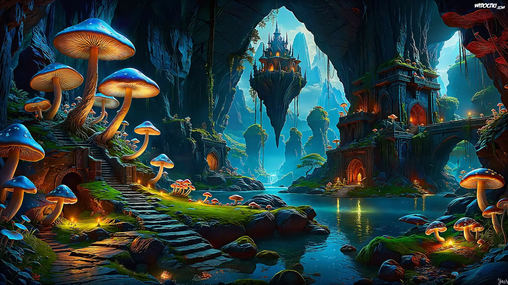 Rzeka, Jaskinia, Drzewa, Grzyby, Schody, Fantasy