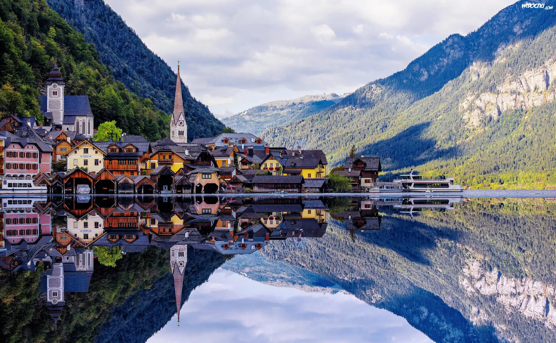 Hallstatt, Austria, Jezioro, Góry Alpy, Odbicie