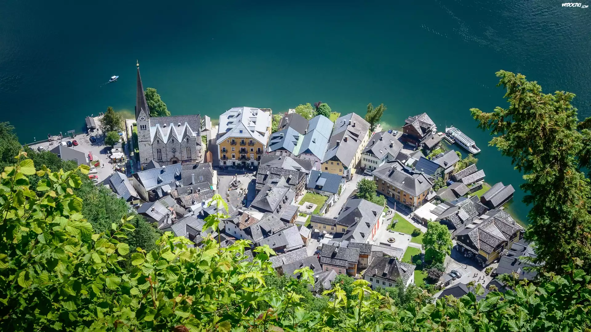 Hallstatt, Kościół, Domy, Jezioro Hallstattersee, Austria