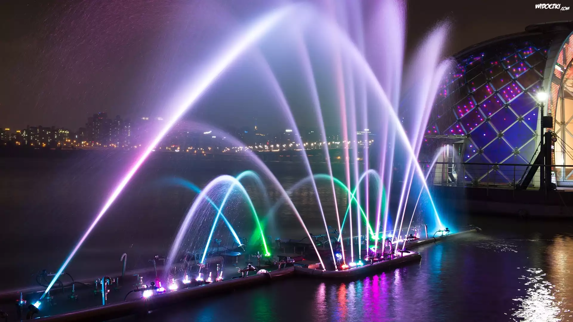 Korea Południowa, Seul, Rzeka Han-gang, Fontanna, Pływająca scena Yeouido Floating Stage, Oświetlenie, Kolory