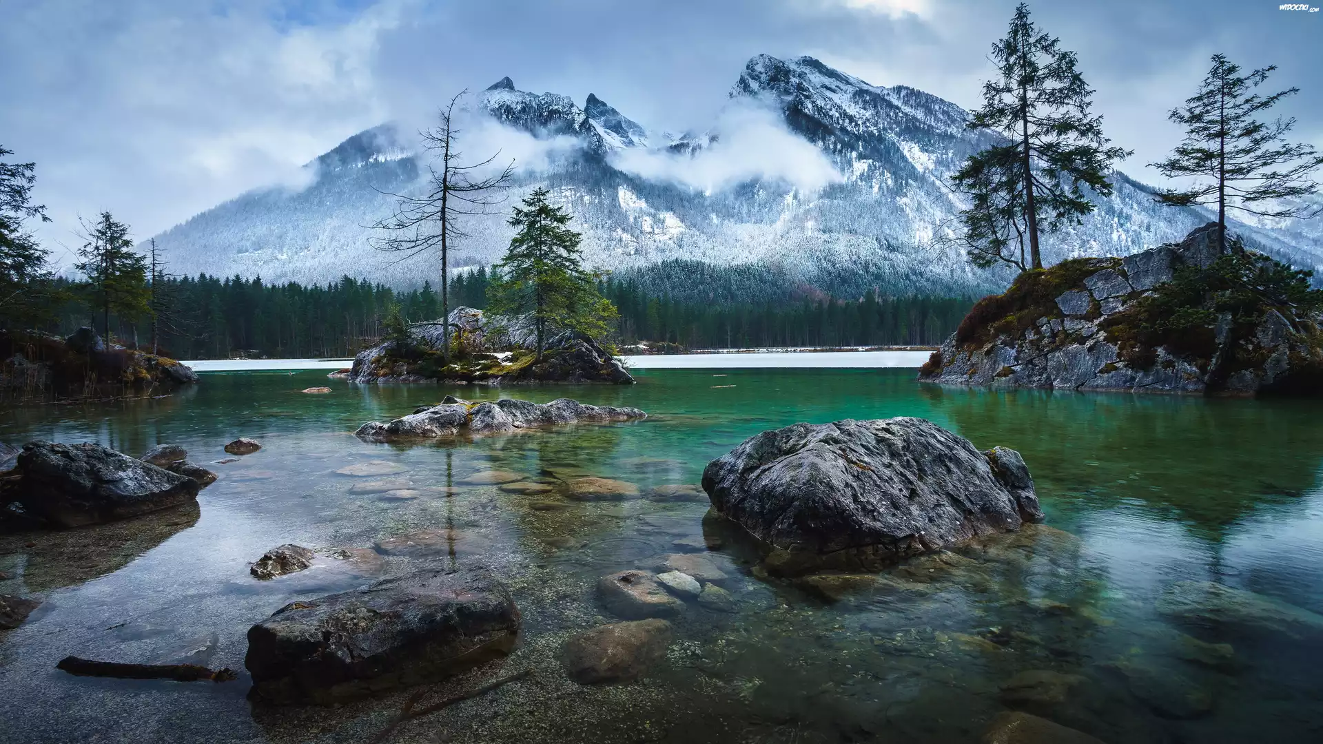 Jezioro Hintersee, Bawaria, Niemcy, Góry, Skały, Drzewa