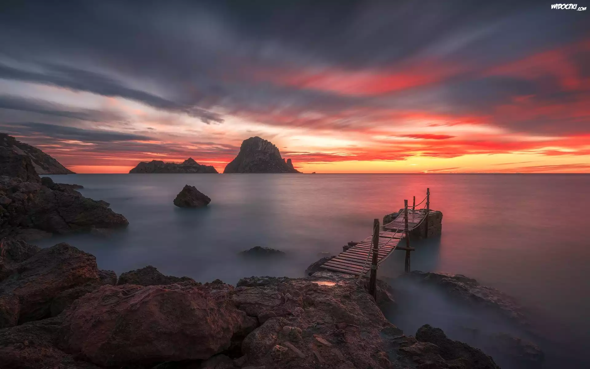 Morze, Wybrzeże, Skały, Pomost, Zachód słońca, Ibiza, Hiszpania