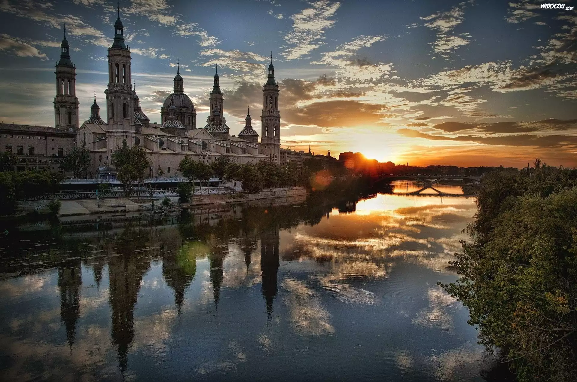 Hiszpania, Saragossa, Kościół, Rzeka, Zachód Słońca