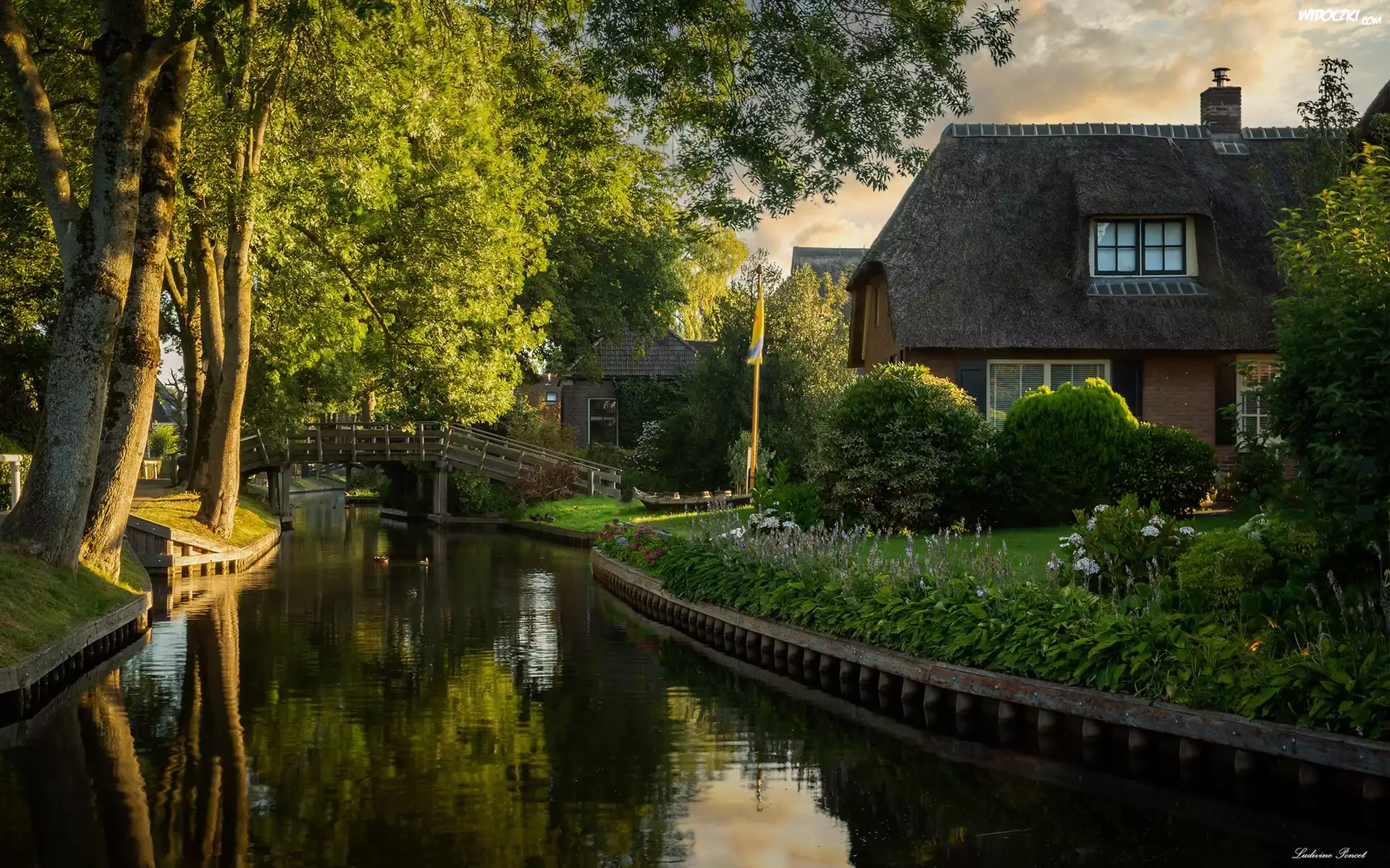 Rzeka, Dom, Most, Drzewa, Giethoorn, Prowincja Overijssel, Holandia