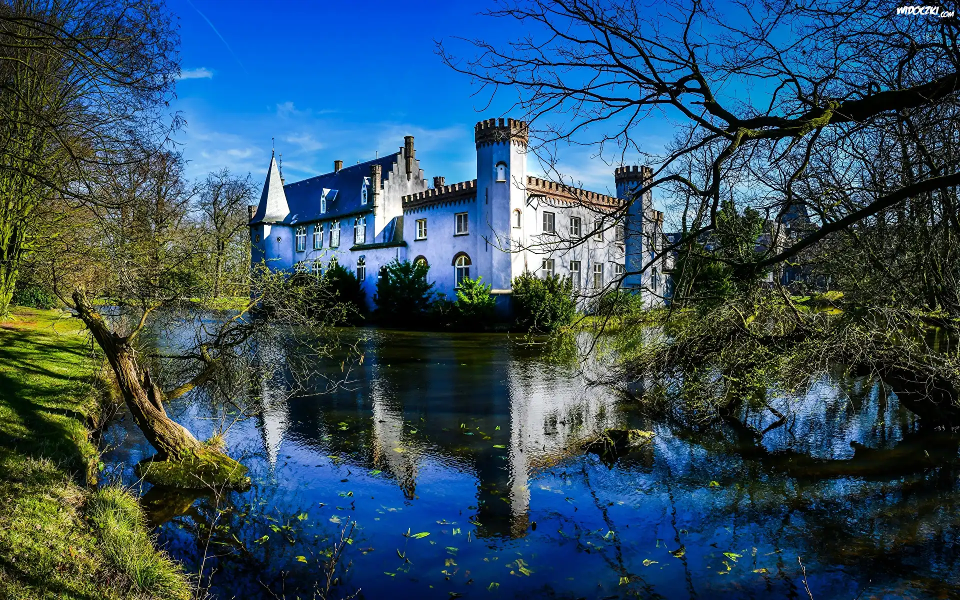 Staw, Drzewa, Zamek w Boxtel, Stapelen Castle, Boxtel, Holandia