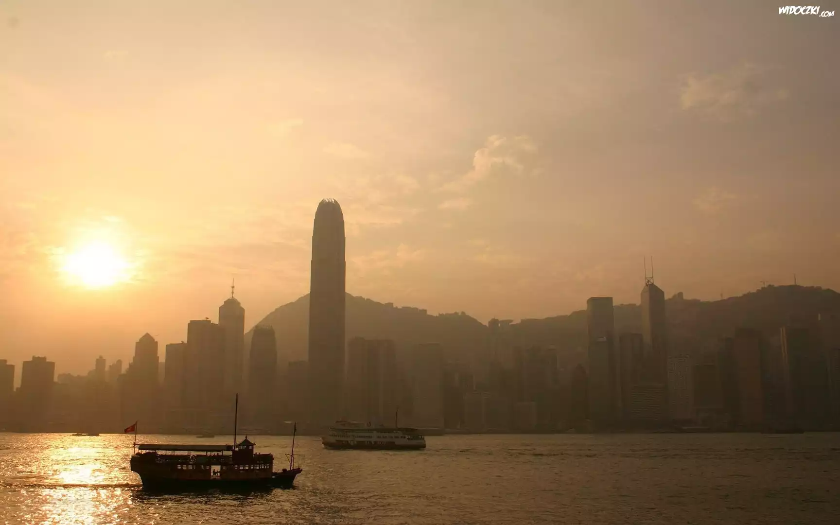 Hong Kong, Miasto, Zachód Słońca, Łodzie