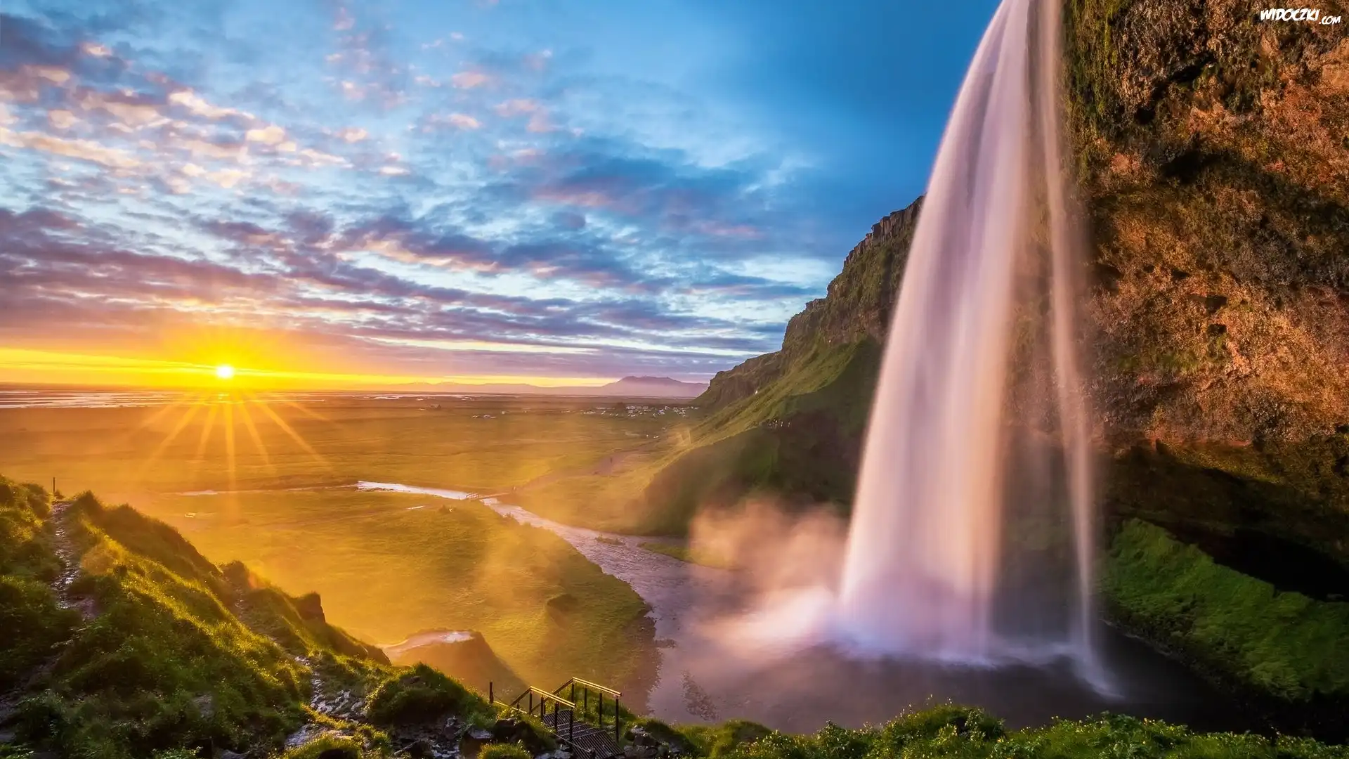  Islandia, Skały, Wodospad Seljalandsfoss, Promienie słońca