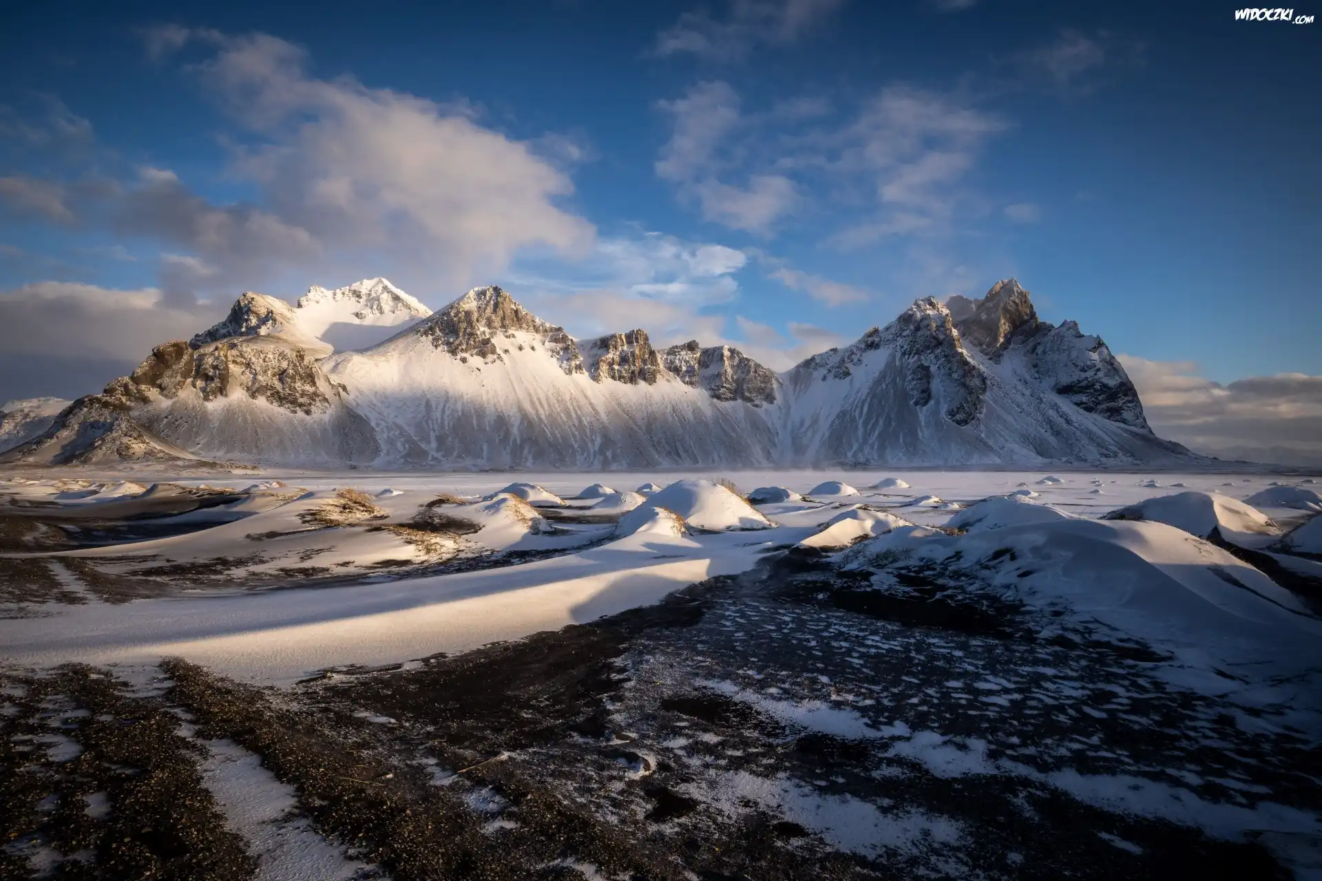 Islandia, Śnieg, Zima, Góra Vestrahorn