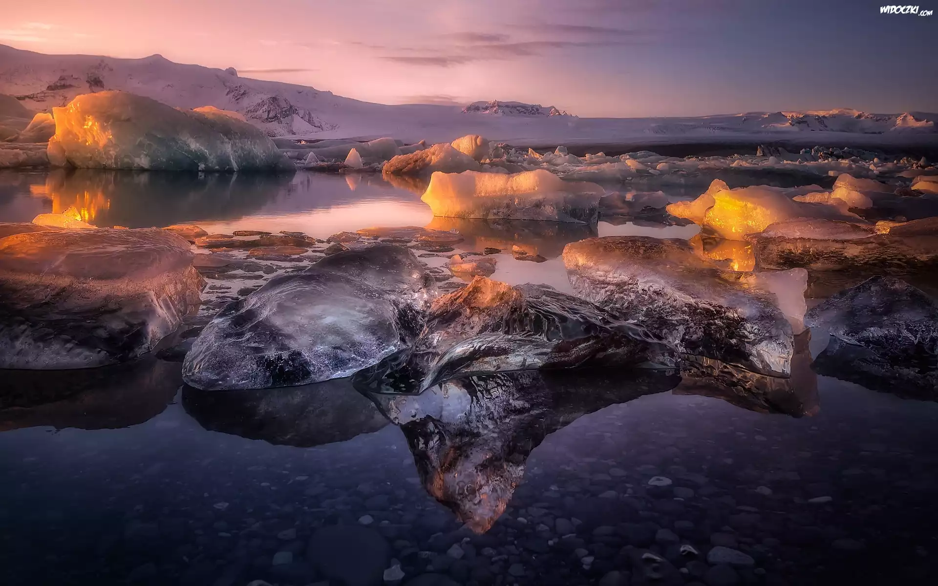 Islandia, Zima, Jezioro, Bryły, Lód, Wzgórza