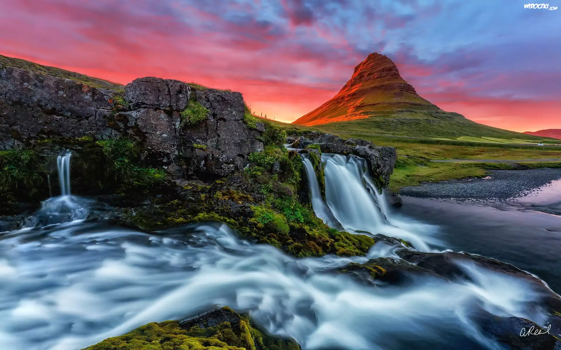 Islandia, Góra Kirkjufell, Wodospad, Skały, Roślinność