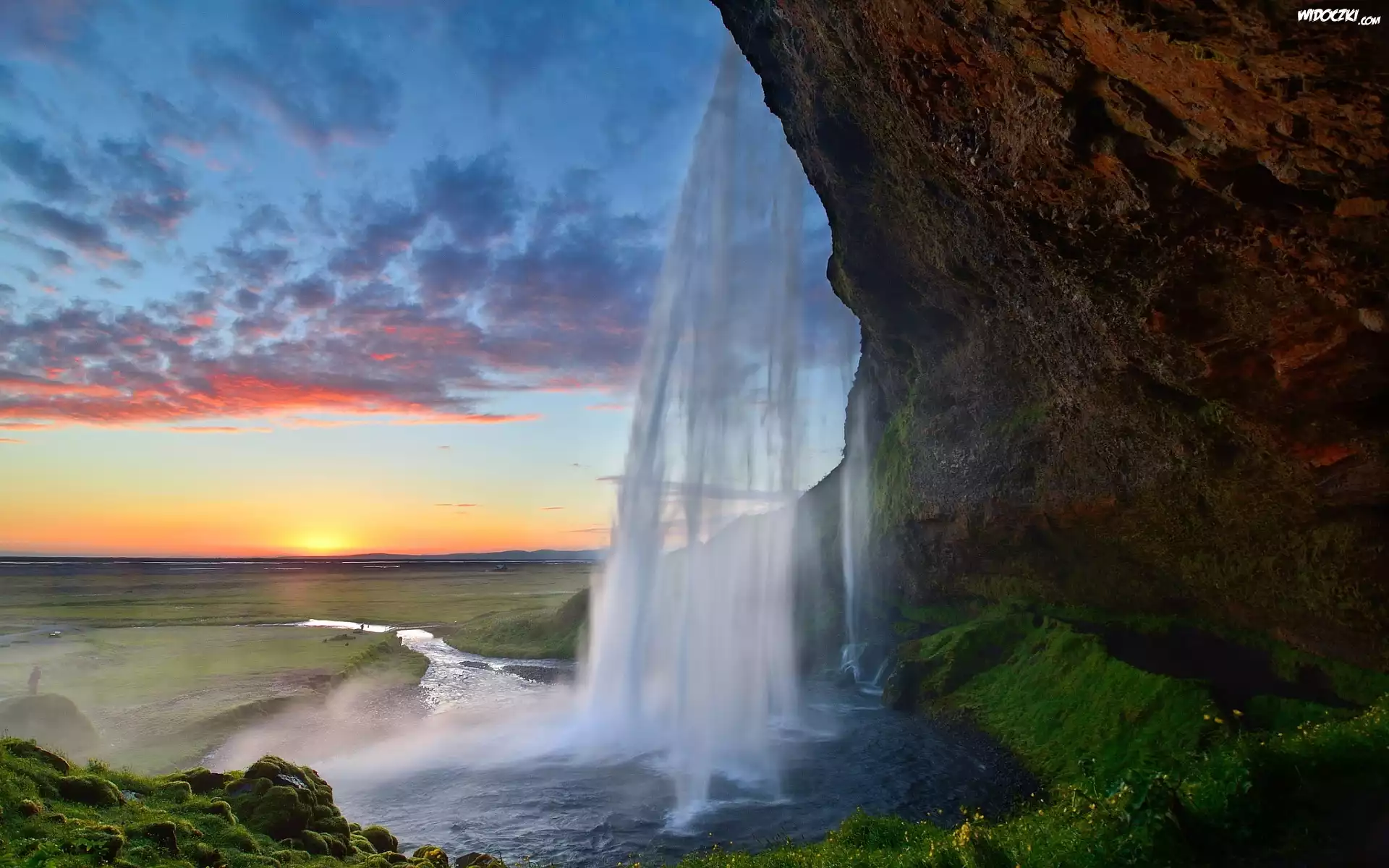 Islandia, Wodospad, Zachód, Słońca
