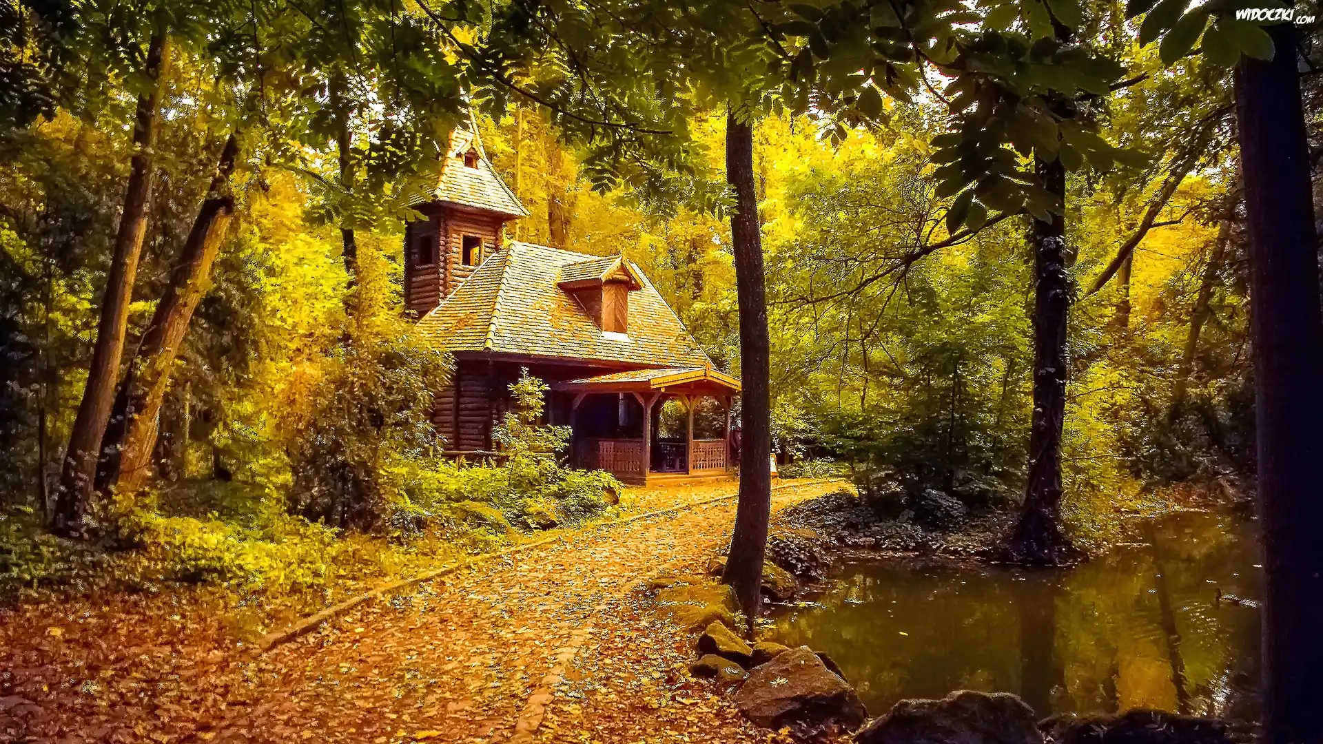 Jesień, Park, Staw, Drewniana, Budowla