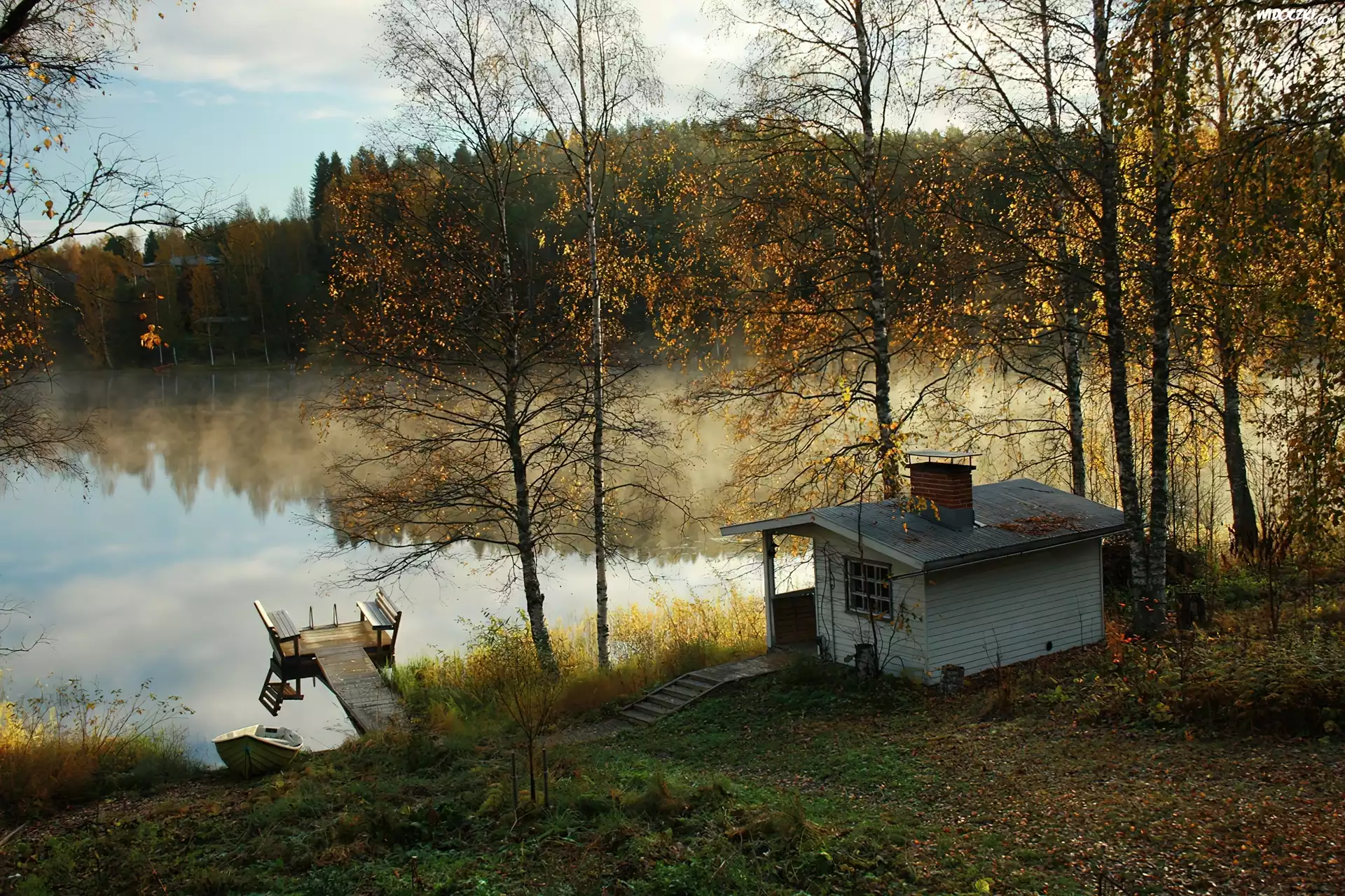 Jesień, Drzewa, Domek, Jeziorko, Pomost