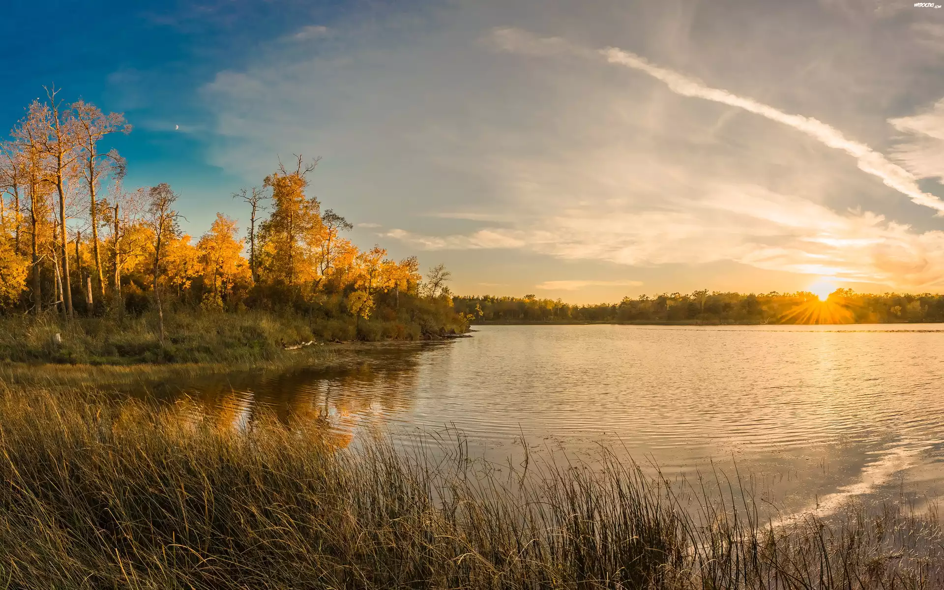 Jesień, Wschód, Słońca, Jezioro, Las