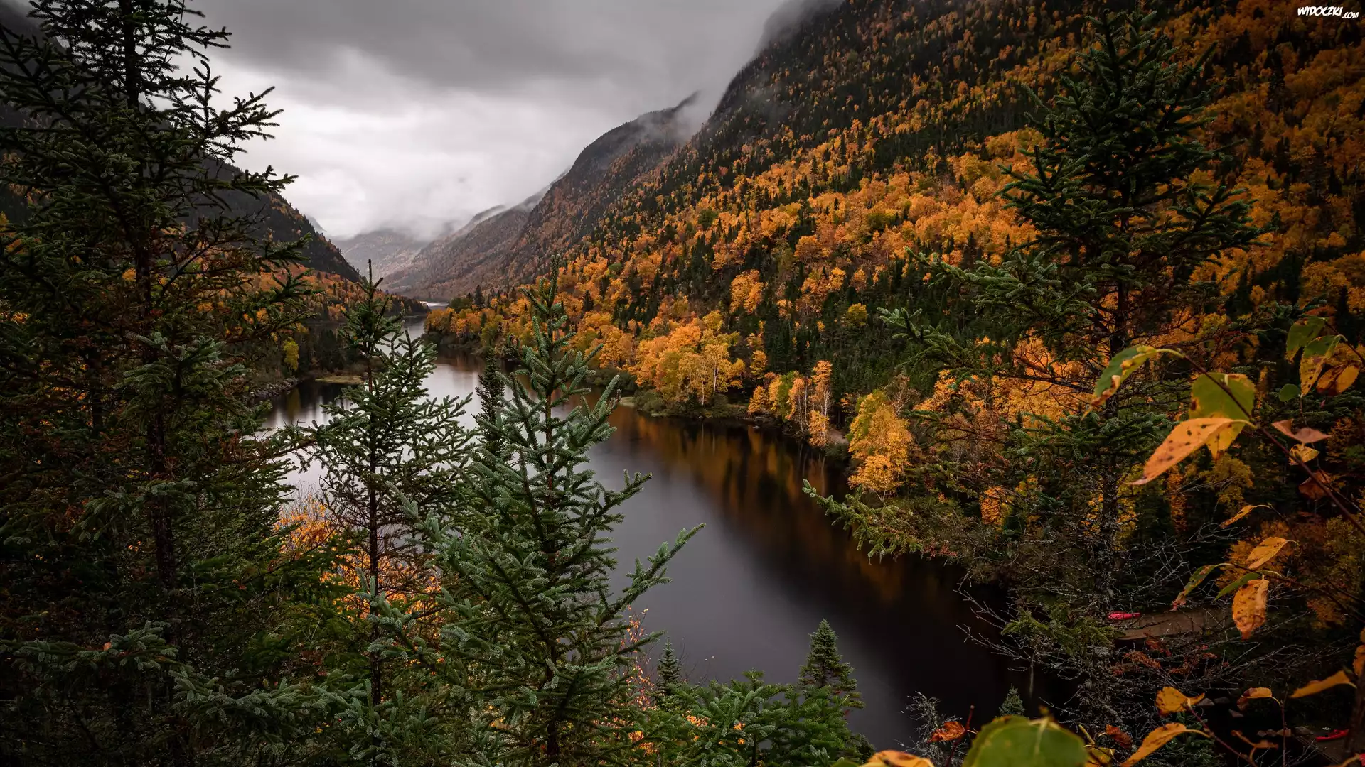 Góry, Jesień, Rzeka, Malbaie River, Prowincja Quebec, Kanada