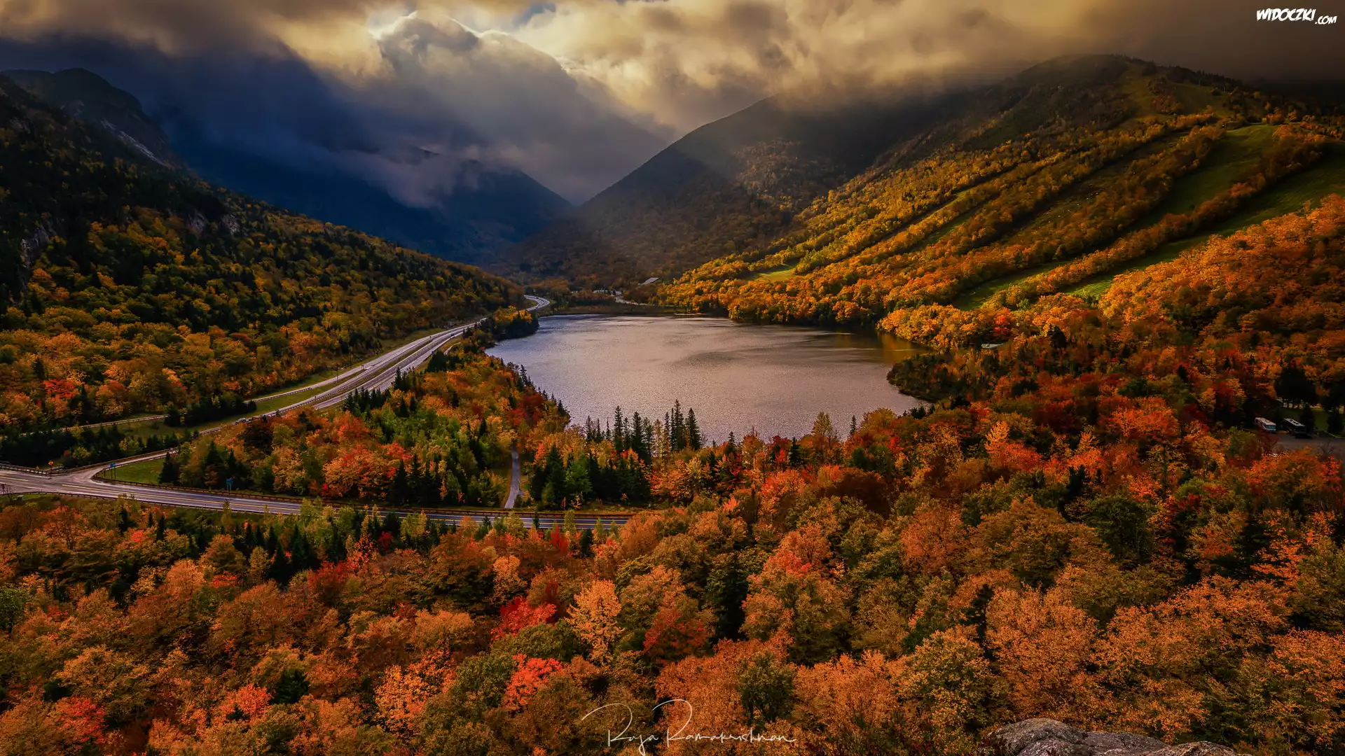 Jesień, Jezioro, Echo Lake, Góry Białe, White Mountains, Lasy, Drzewa, Droga, Stan New Hampshire, Stany Zjednoczone