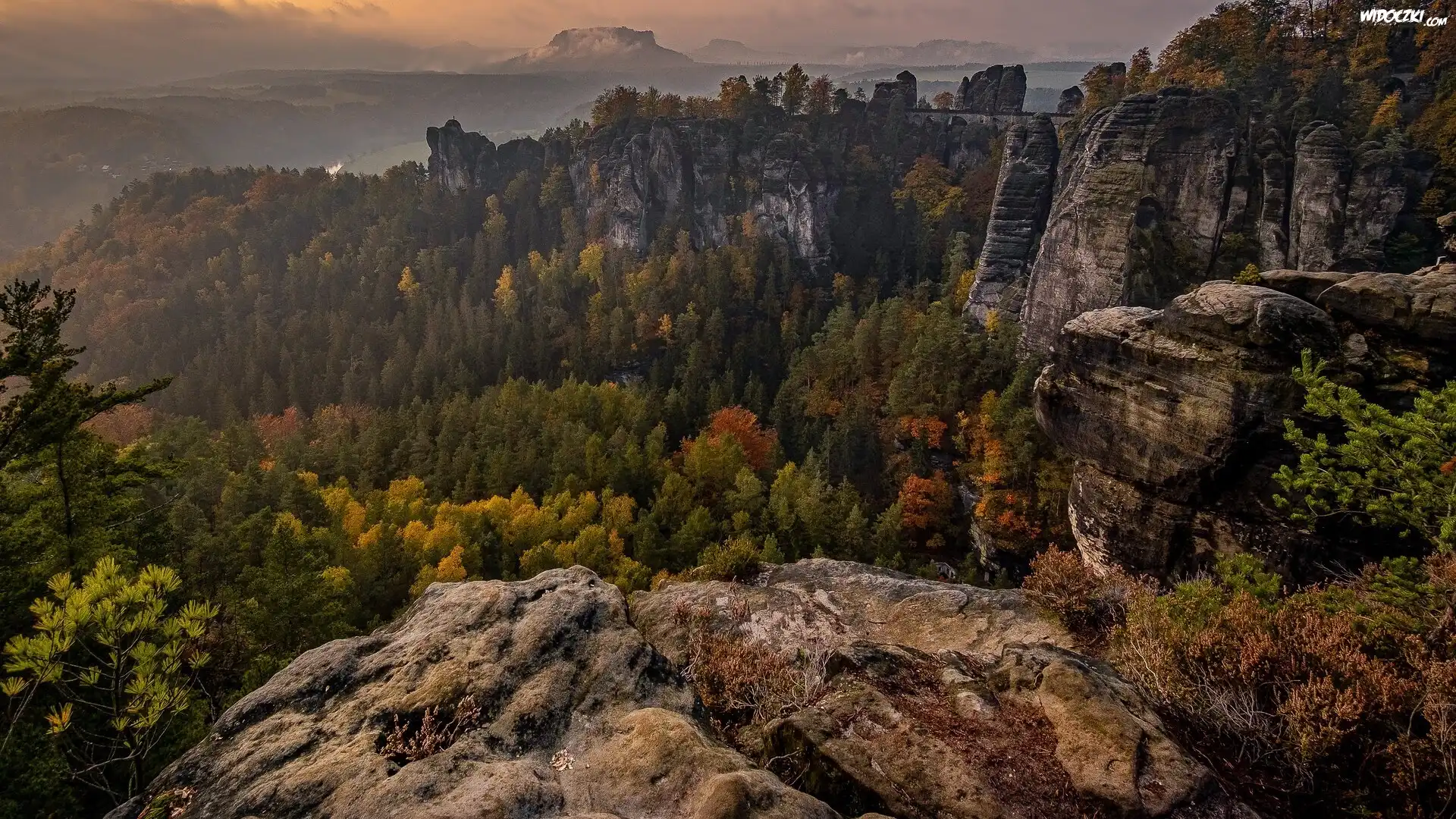 Jesień, Góry, Skały, Bastei, Drzewa, Park Narodowy Saskiej Szwajcarii, Niemcy