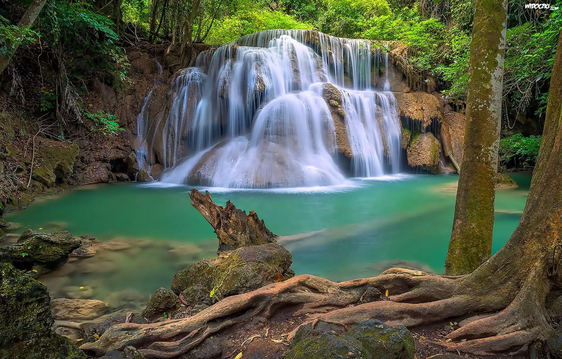 Wodospad, Huai Mae Khamin Waterfall, Drzewa, Rzeka, Skały, Kanchanaburi, Tajlandia