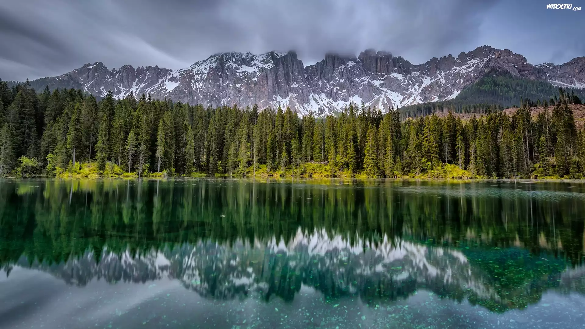 Jezioro, Lago di Carezza, Góry, Alpy, Dolomity, Las, Drzewa, Odbicie, Południowy Tyrol, Włochy