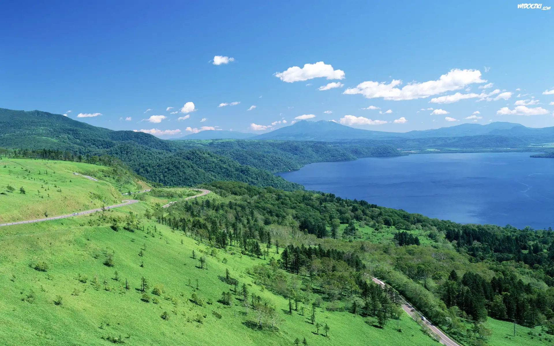 Jezioro, Las, Chmurki, Droga, Asfaltowa