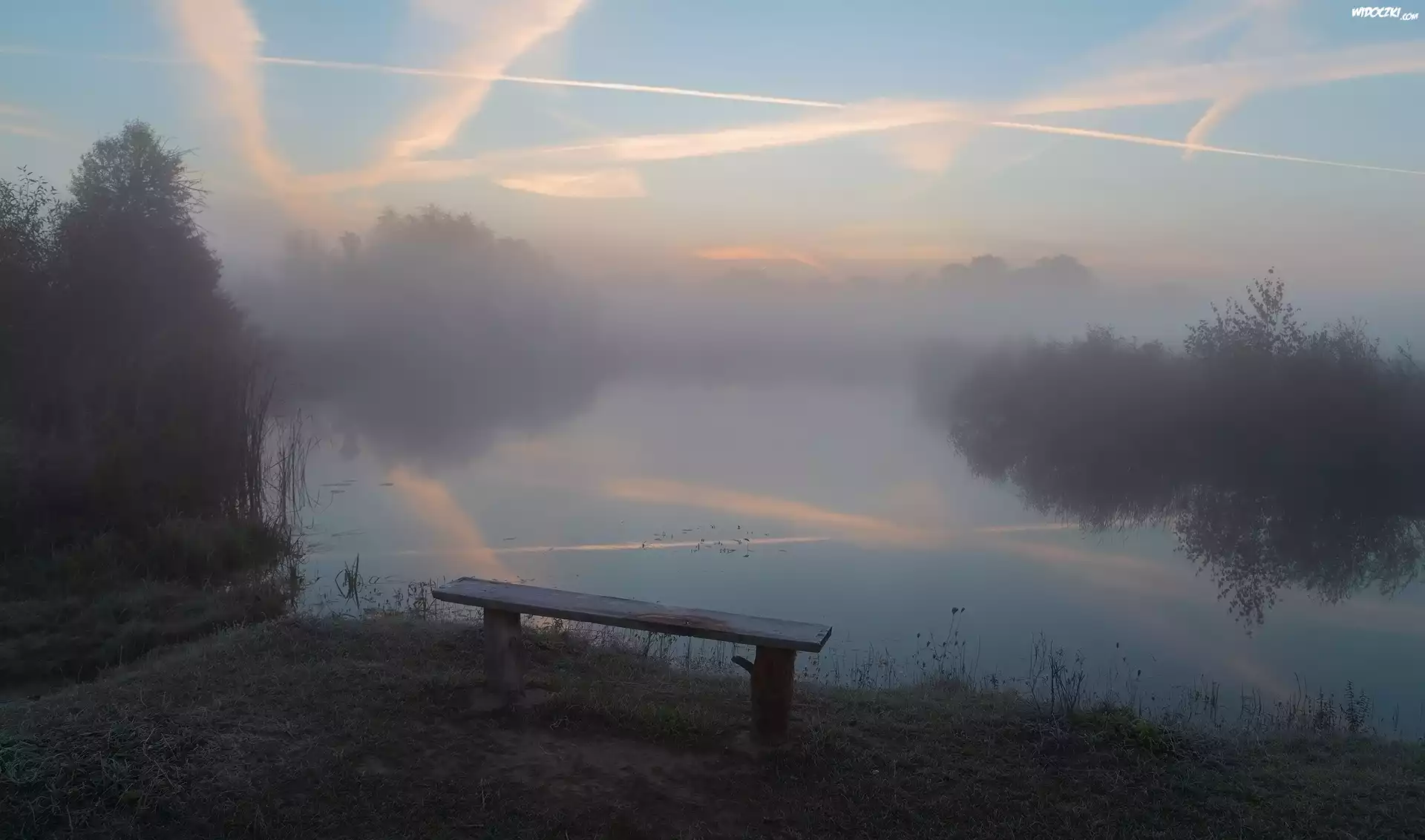 Jezioro, Mgła, Drzewa, Ławka