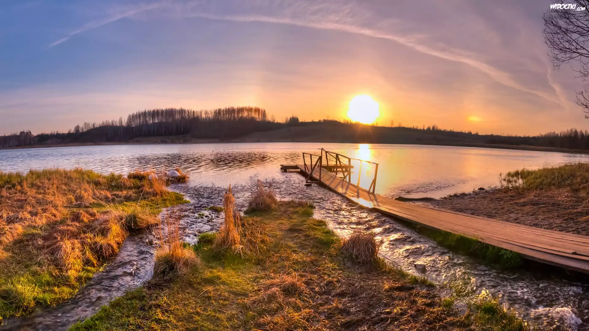 Jezioro, Zachód Słońca, Drzewa, Pomost